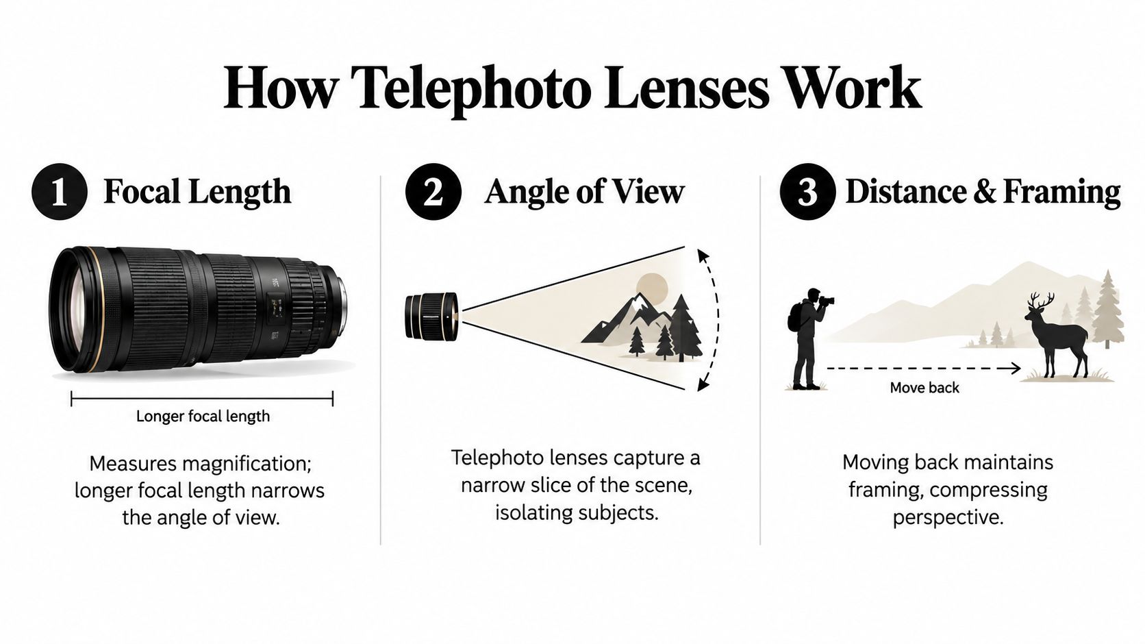 A diagram explaining how telephoto lenses work, including focal length, angle of view, and perspective compression.