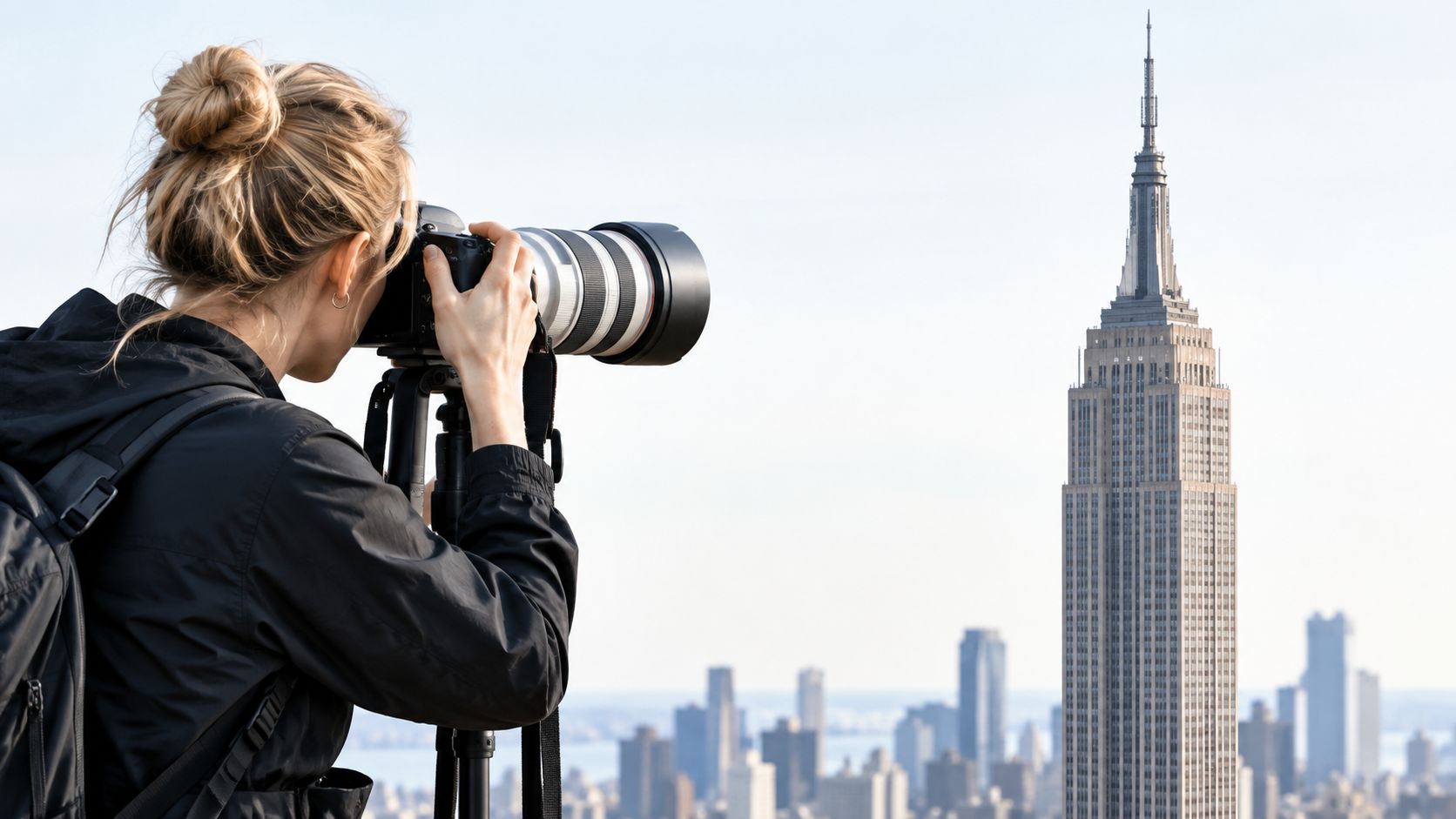 A female photographer using a professional telephoto lens camera on a tripod to capture the Empire State Building.
