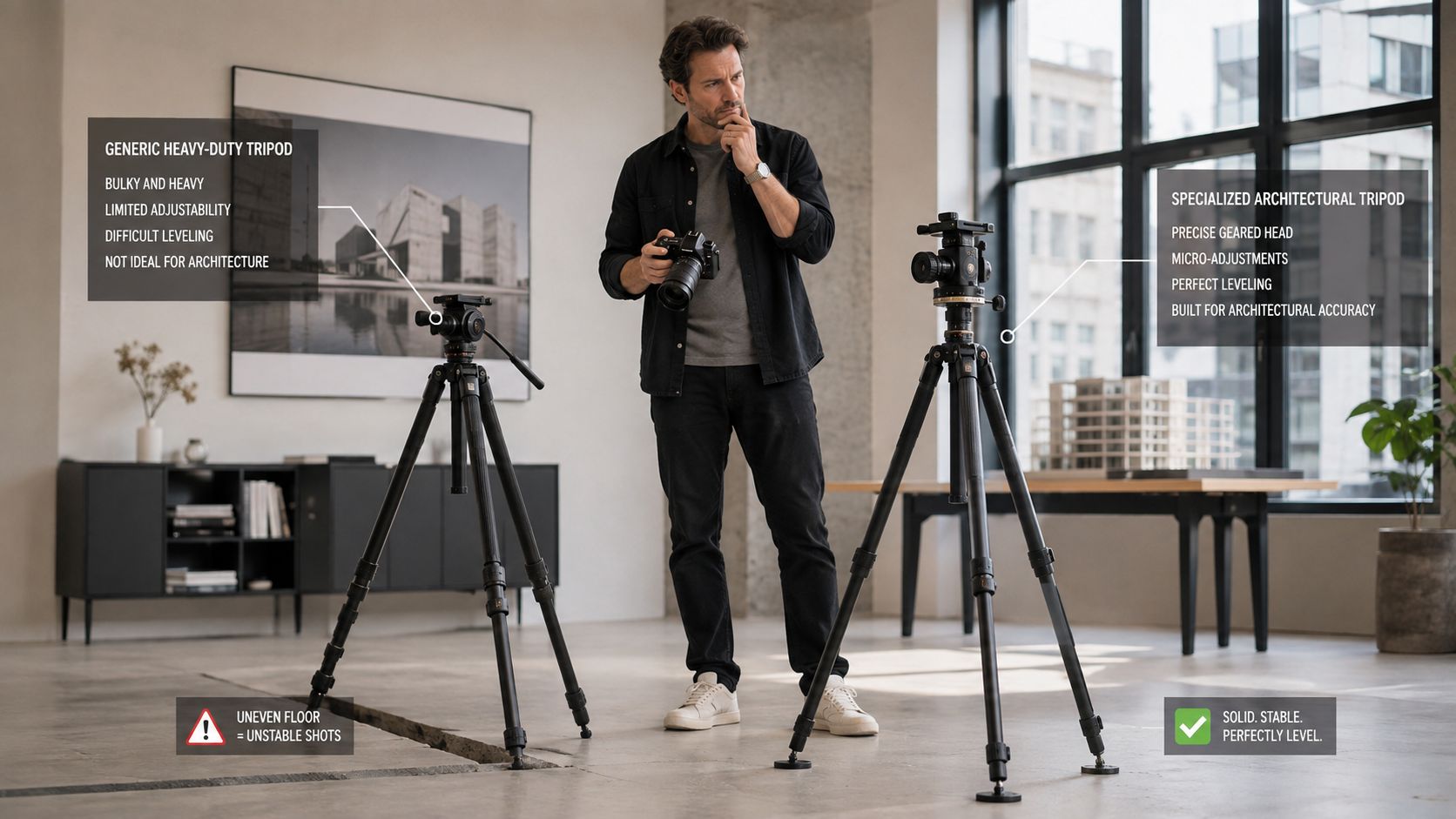A photographer compares a standard heavy-duty tripod with a specialized architectural tripod in an indoor setting.