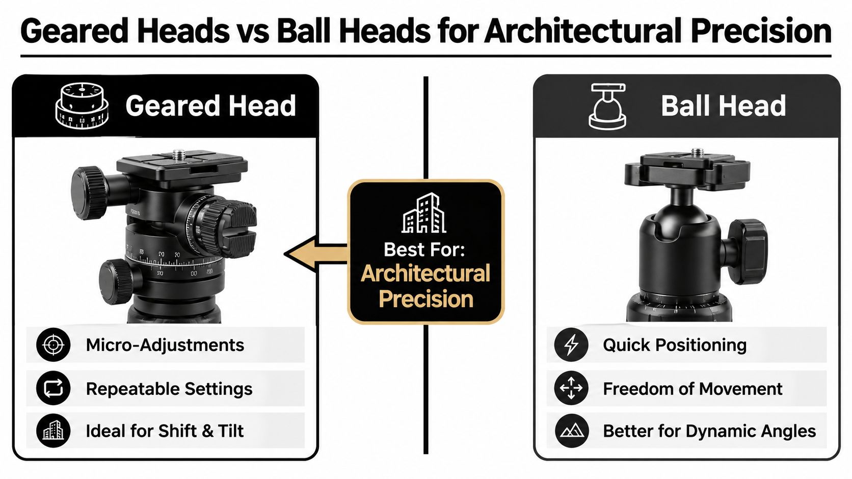 A comparison chart highlighting the benefits of geared tripod heads versus ball heads for architectural photography precision.