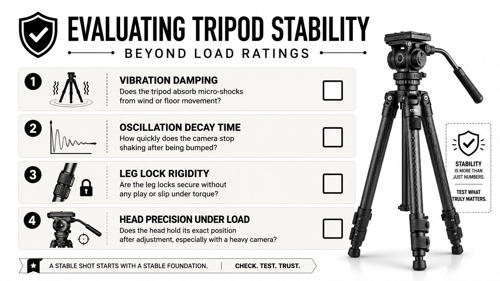 An infographic evaluating tripod stability, highlighting vibration damping, oscillation decay, leg lock rigidity, and head precision.