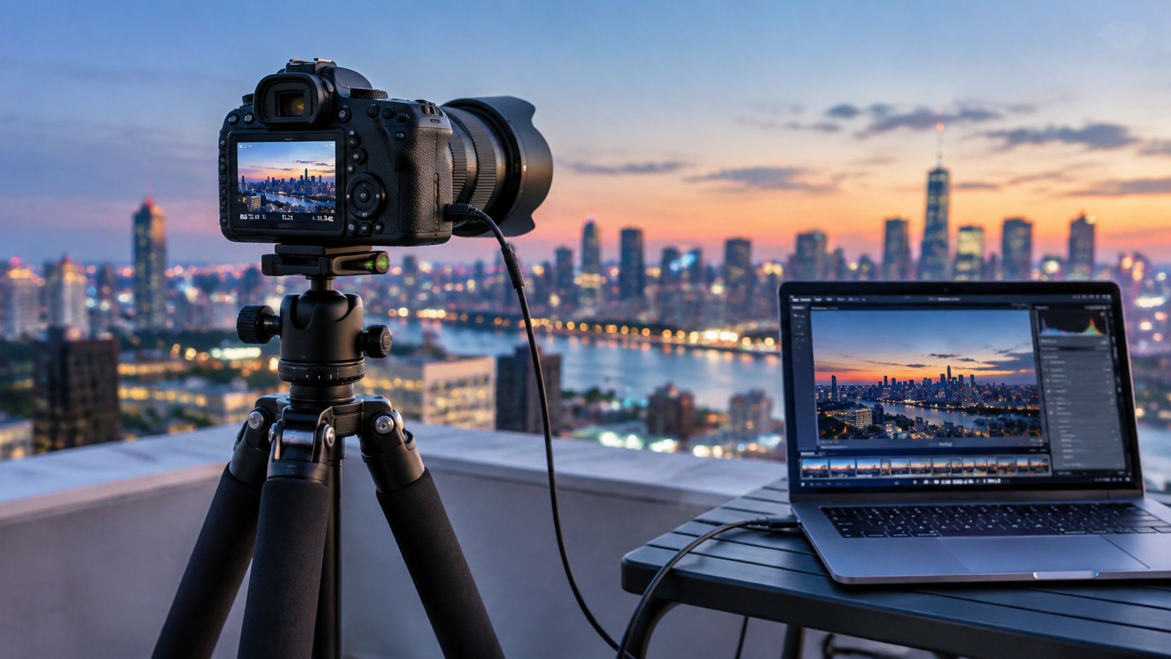 A professional camera on a tripod connected to a laptop for twilight architectural photography of city skylines.