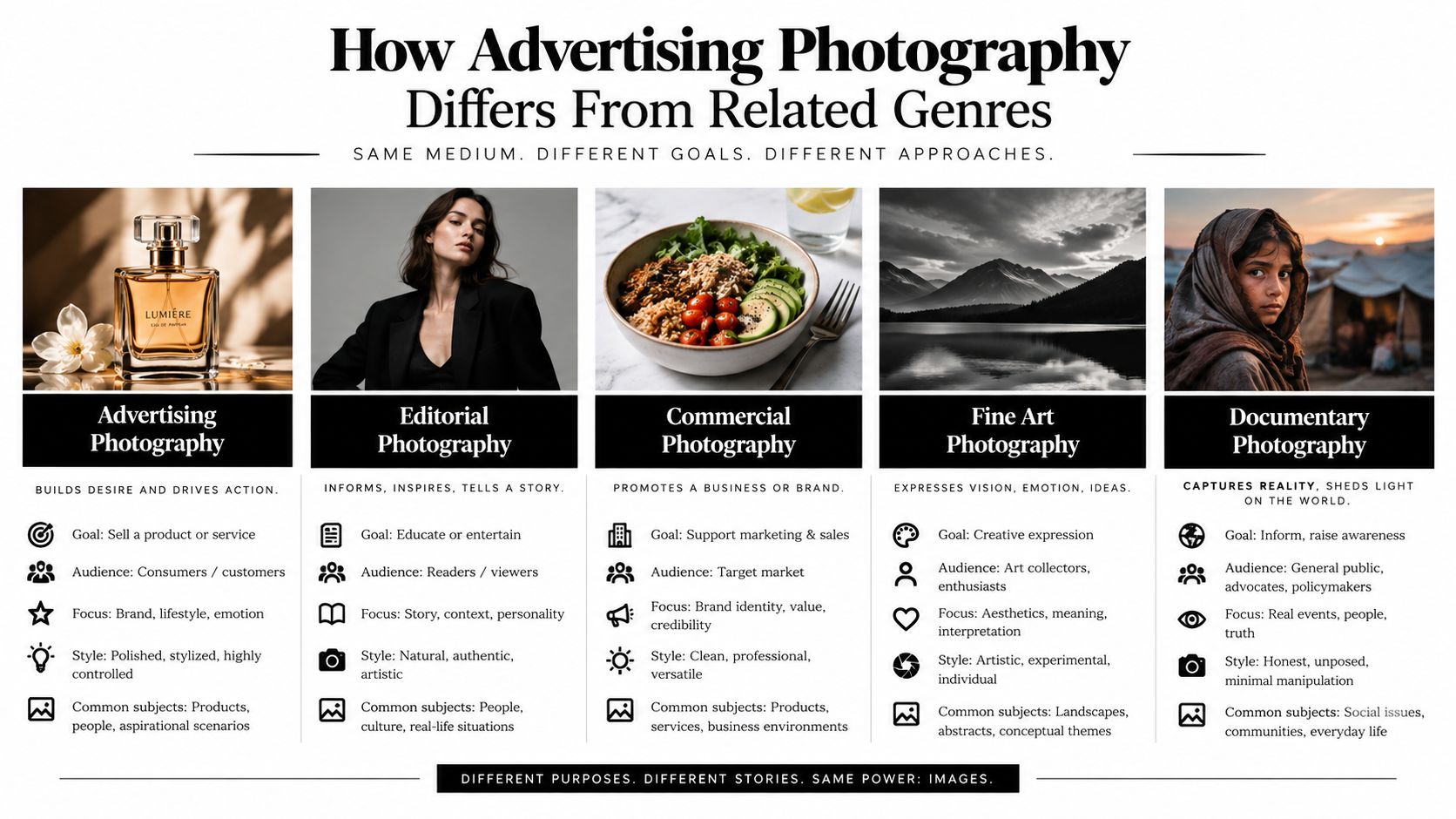 A comparison chart outlining the differences between advertising, editorial, commercial, fine art, and documentary photography styles.