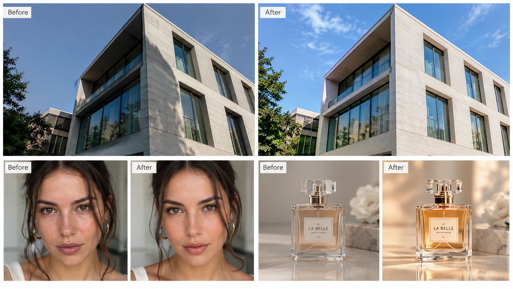 A comparison showing image retouching techniques applied to architecture, portrait photography, and a product perfume bottle.