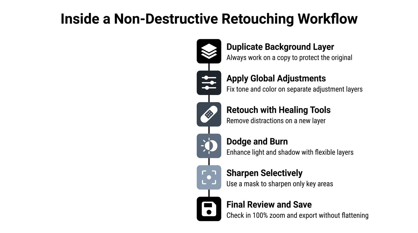 A vertical infographic illustrating the step-by-step process of a professional non-destructive image retouching workflow.
