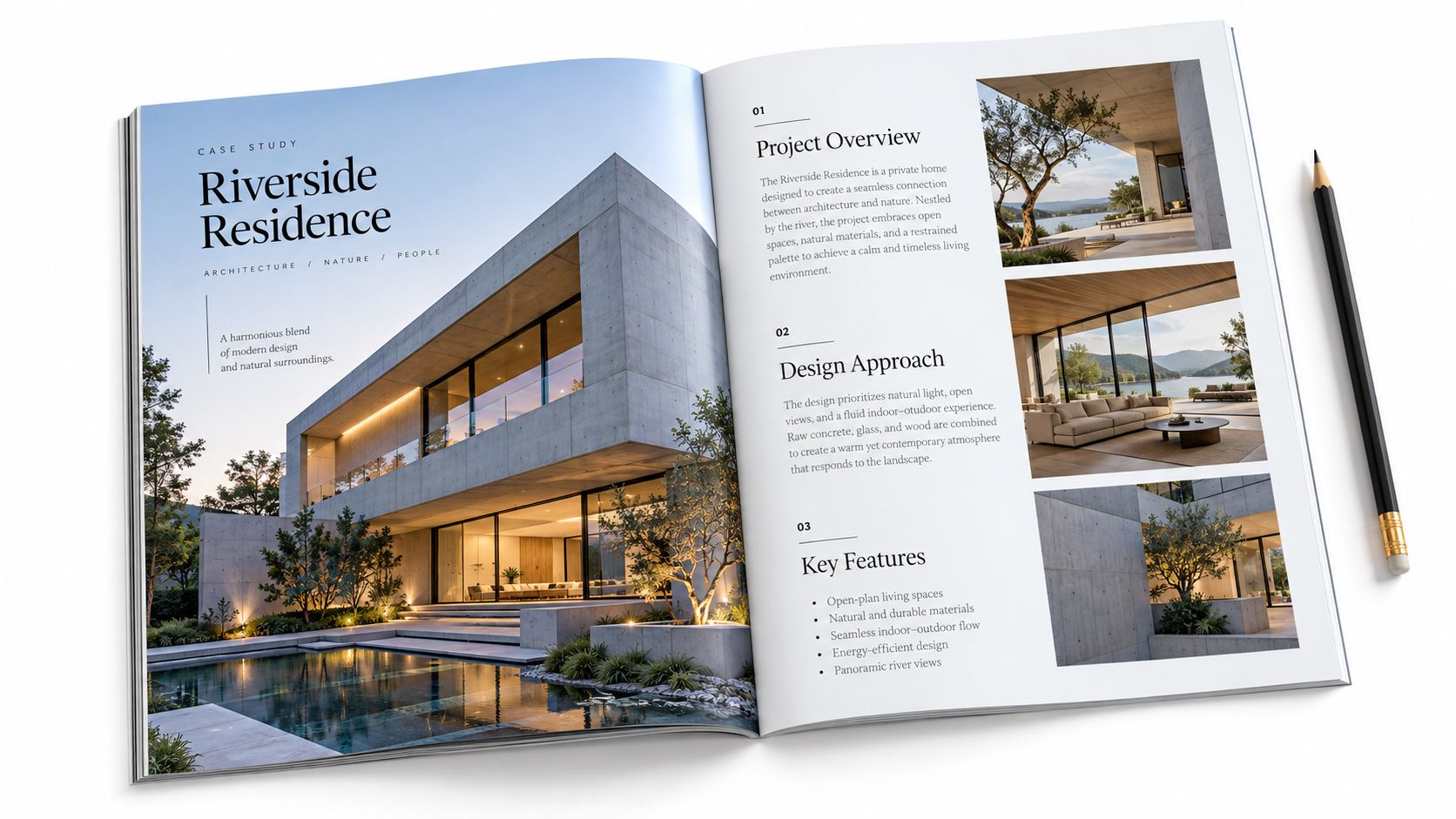 Open brochure showcasing a luxurious Riverside Residence architectural project with photos and professional design details.