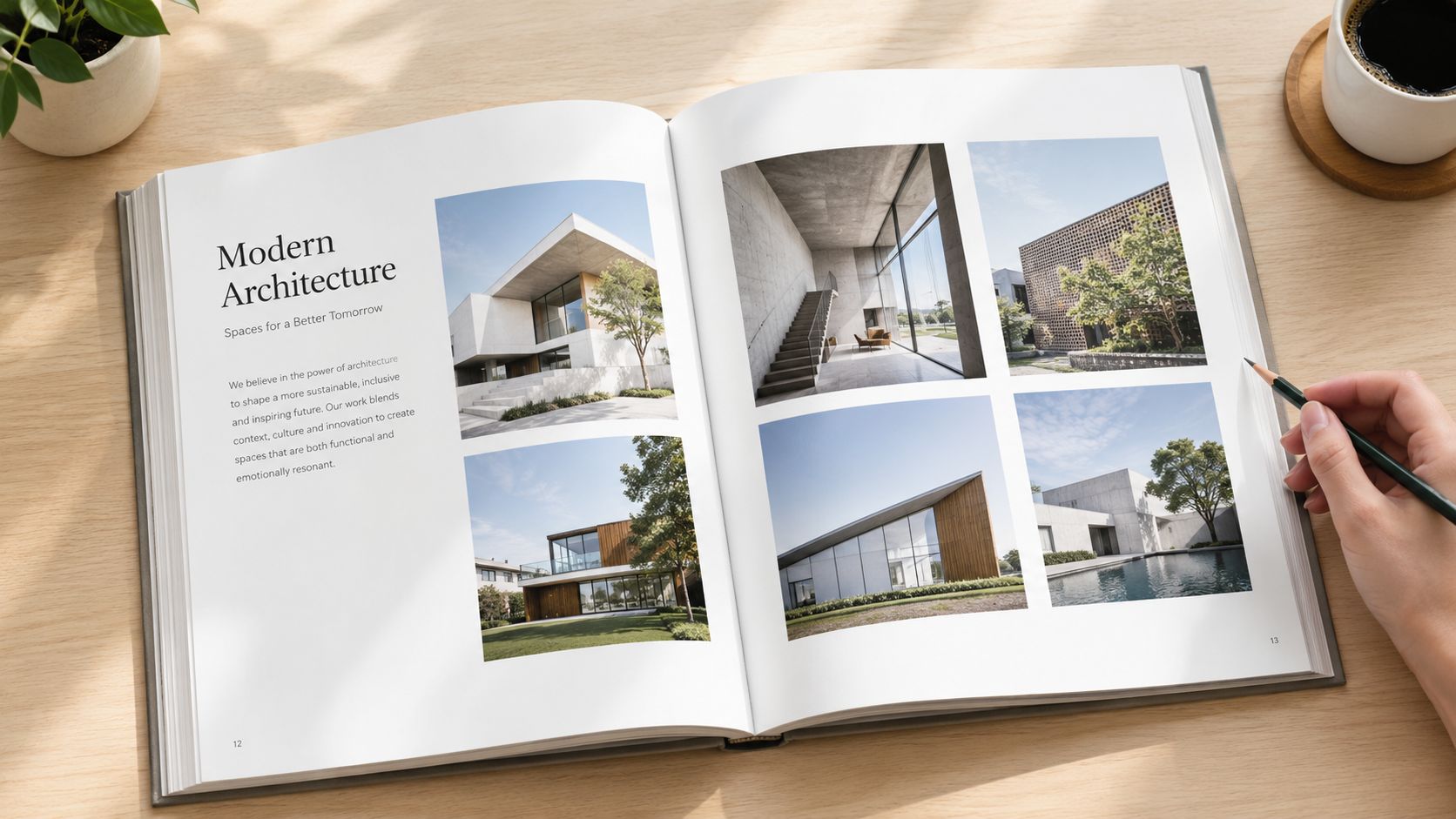 An open book displaying modern architectural photography and design concepts on a wooden desk with a hand sketching.