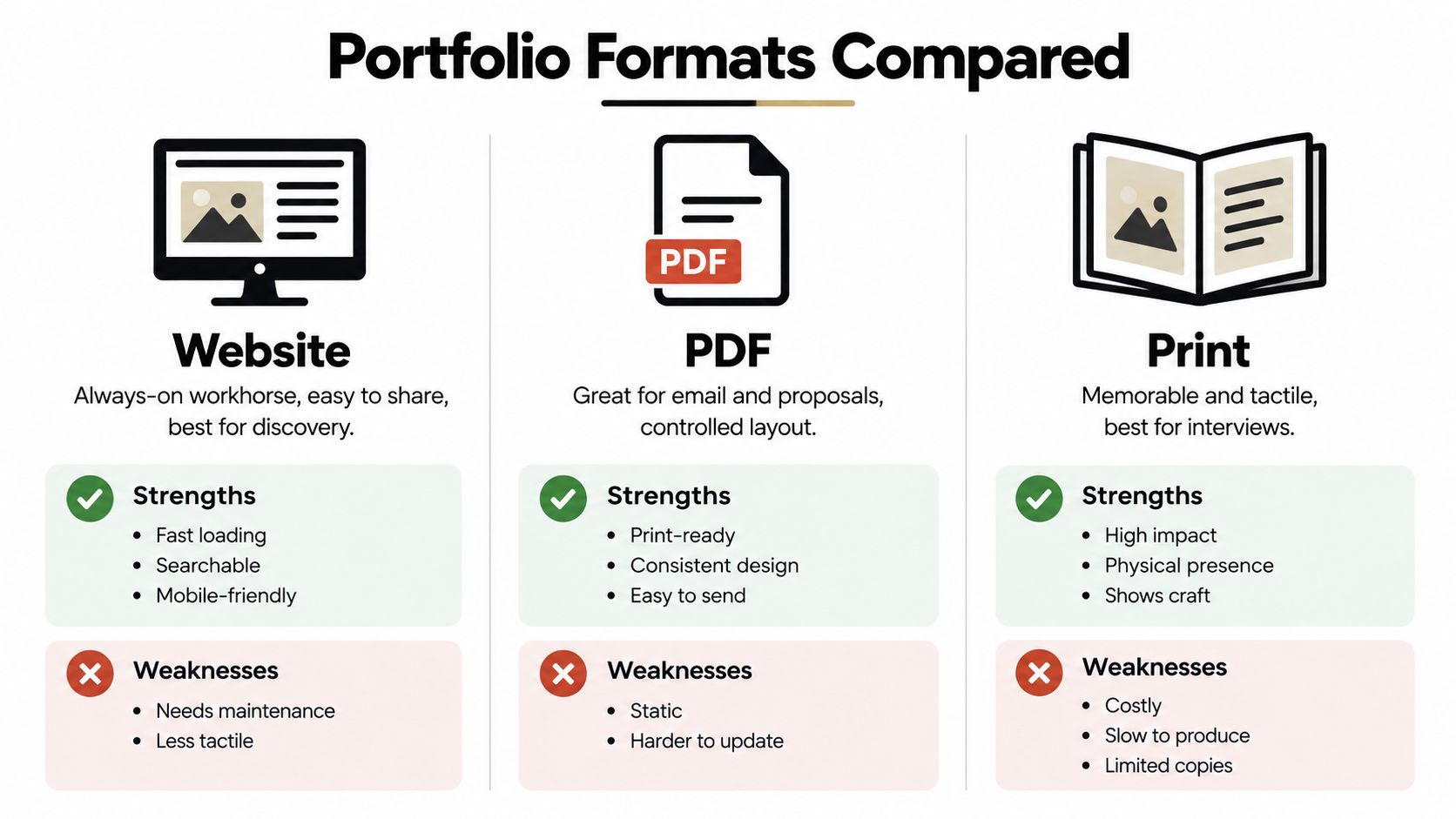A comparison chart outlining the pros and cons of using website, PDF, and print formats for portfolios.