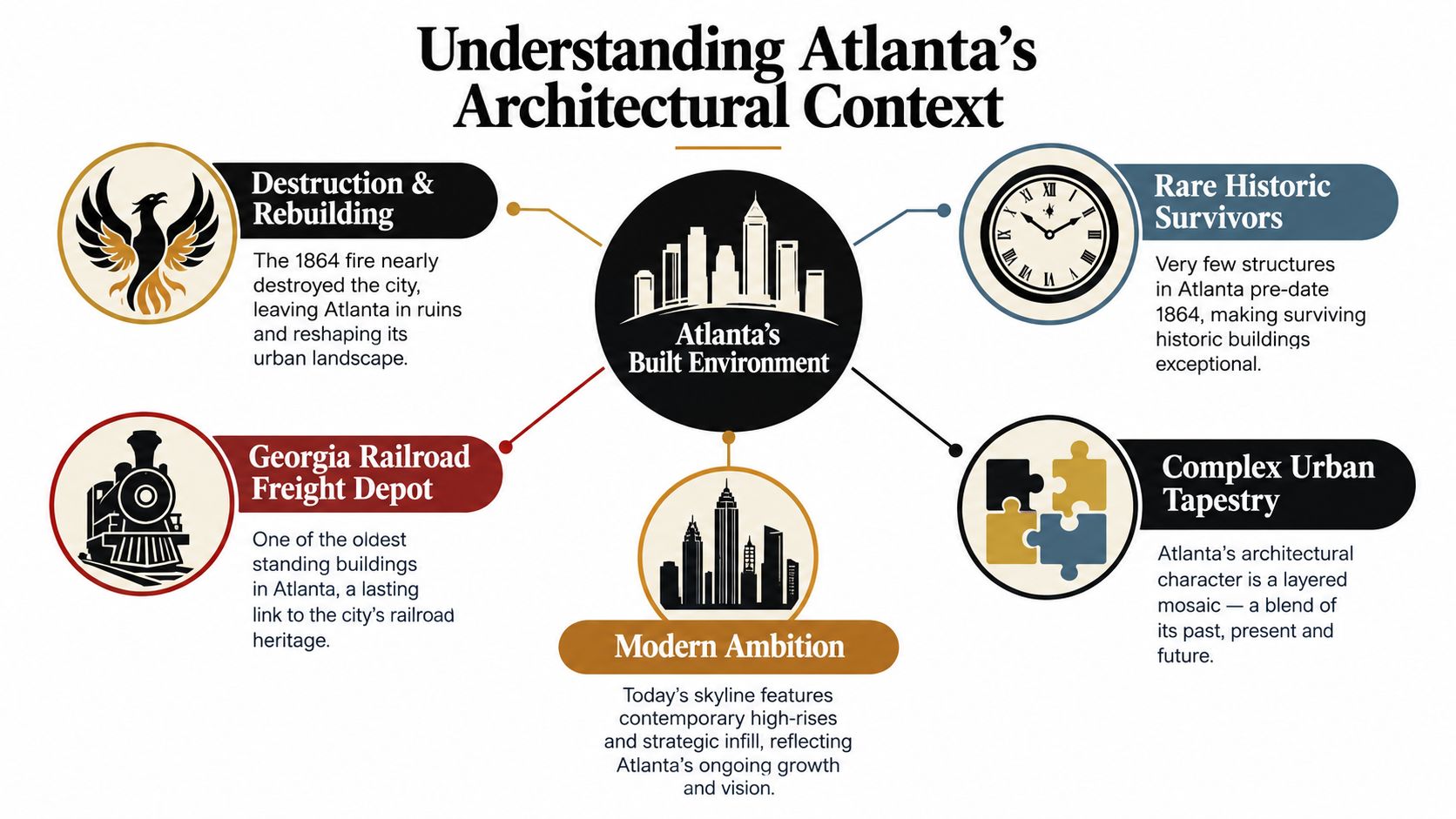 An infographic titled Understanding Atlanta's Architectural Context, illustrating the city's historical evolution and modern urban development.