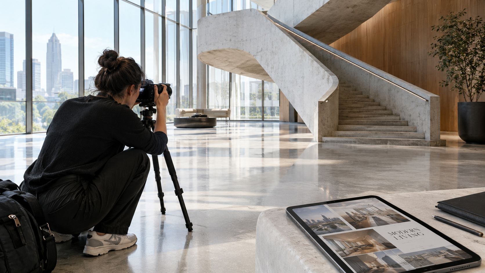 A professional photographer uses a tripod-mounted camera to capture images inside a modern high-rise office building.