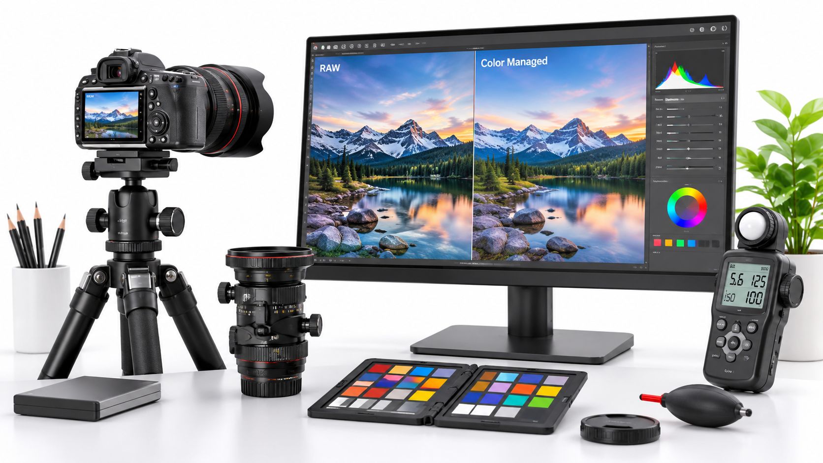 A professional photography workspace featuring a camera on a tripod, editing monitor, lens, and calibration tools.