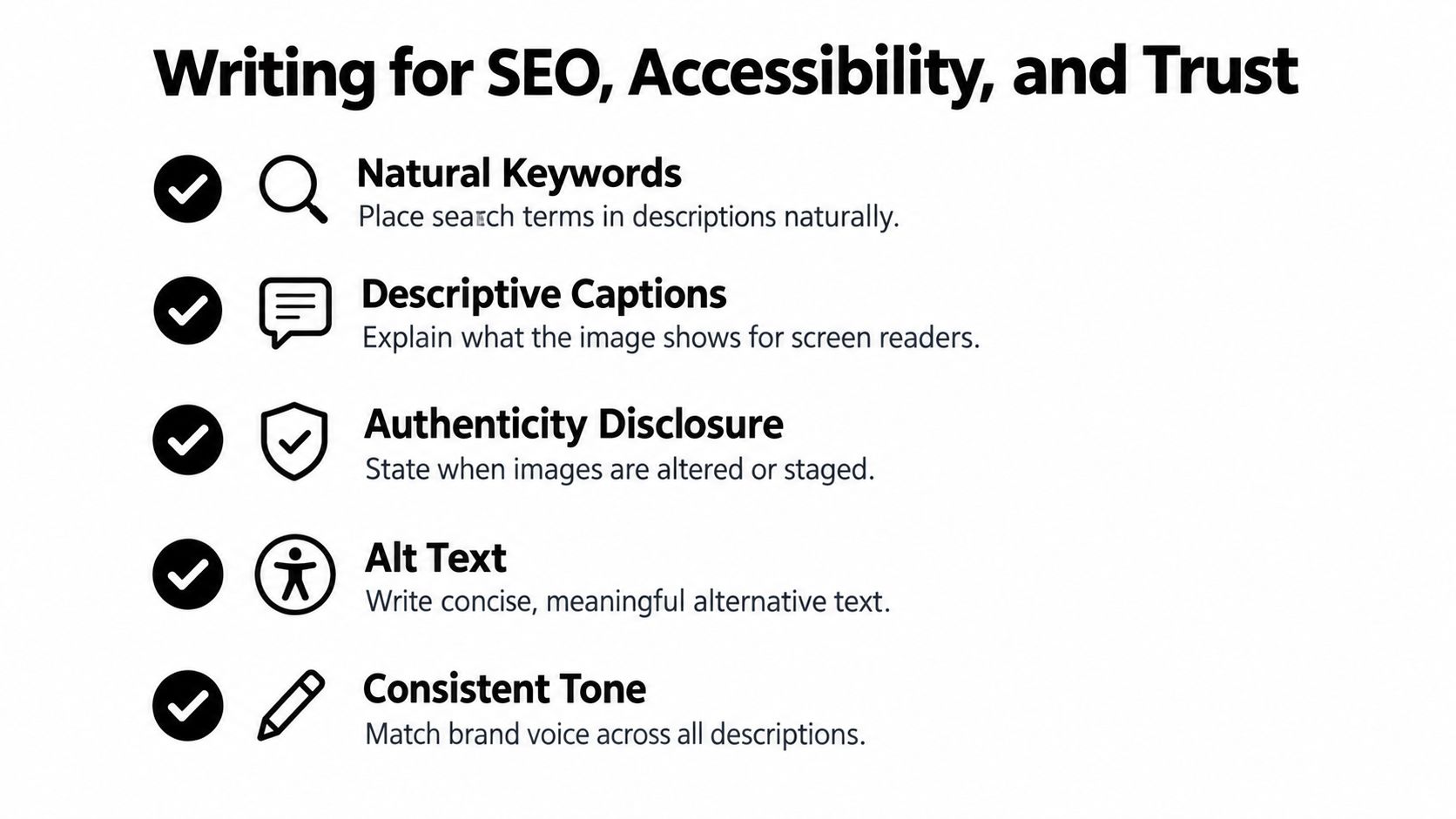 A list of five tips for writing SEO-friendly, accessible, and trustworthy digital content and image descriptions.