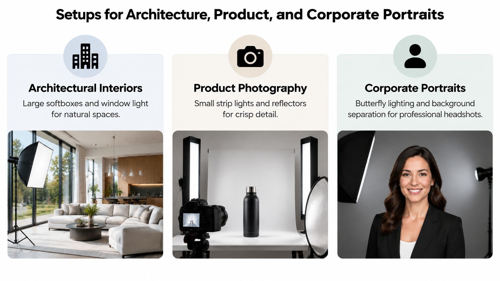 A diagram comparing professional lighting setups for architectural interiors, product photography, and corporate portrait headshots.