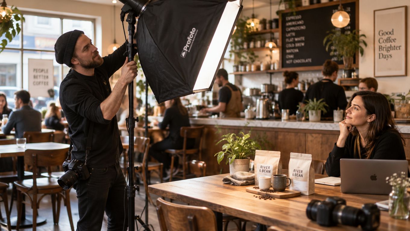 A professional photographer adjusting a studio light softbox to illuminate a woman working at a cafe table.