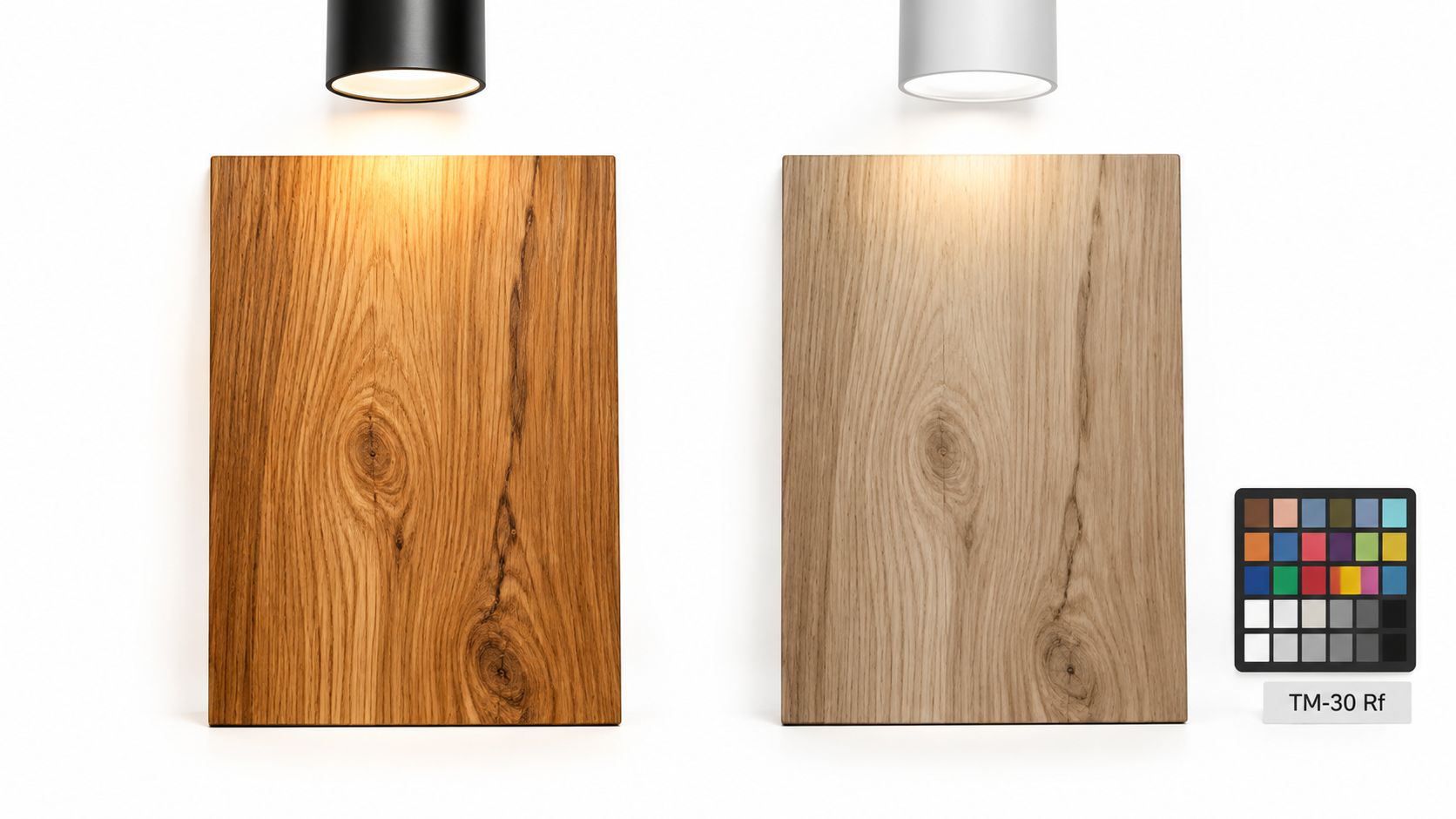 A comparison of two wood samples under different light color temperatures in a studio setup.