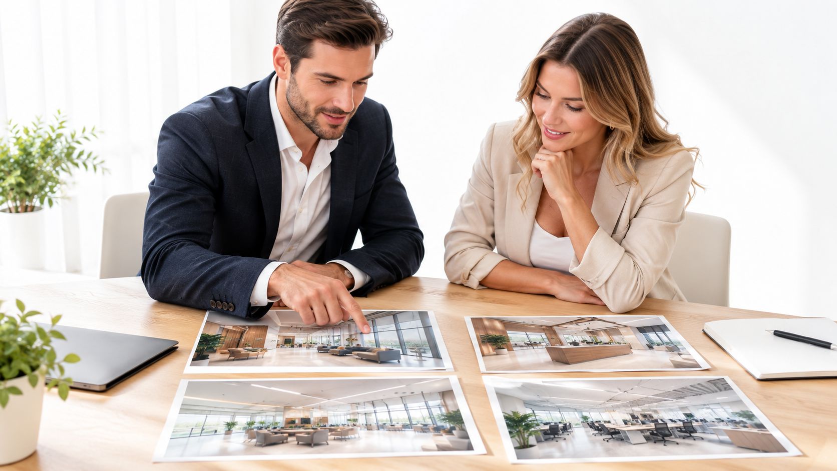 A professional man and woman discussing architectural office designs and commercial layouts at a wooden desk.