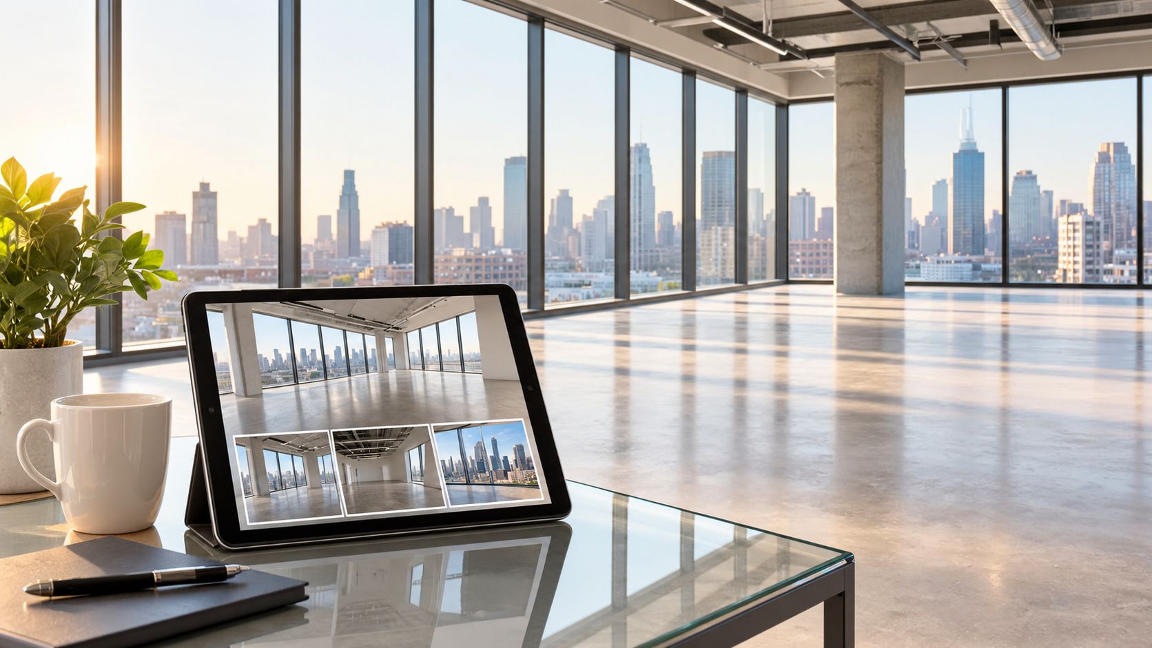 A digital tablet showing commercial office interiors on a glass table in a modern empty office space.