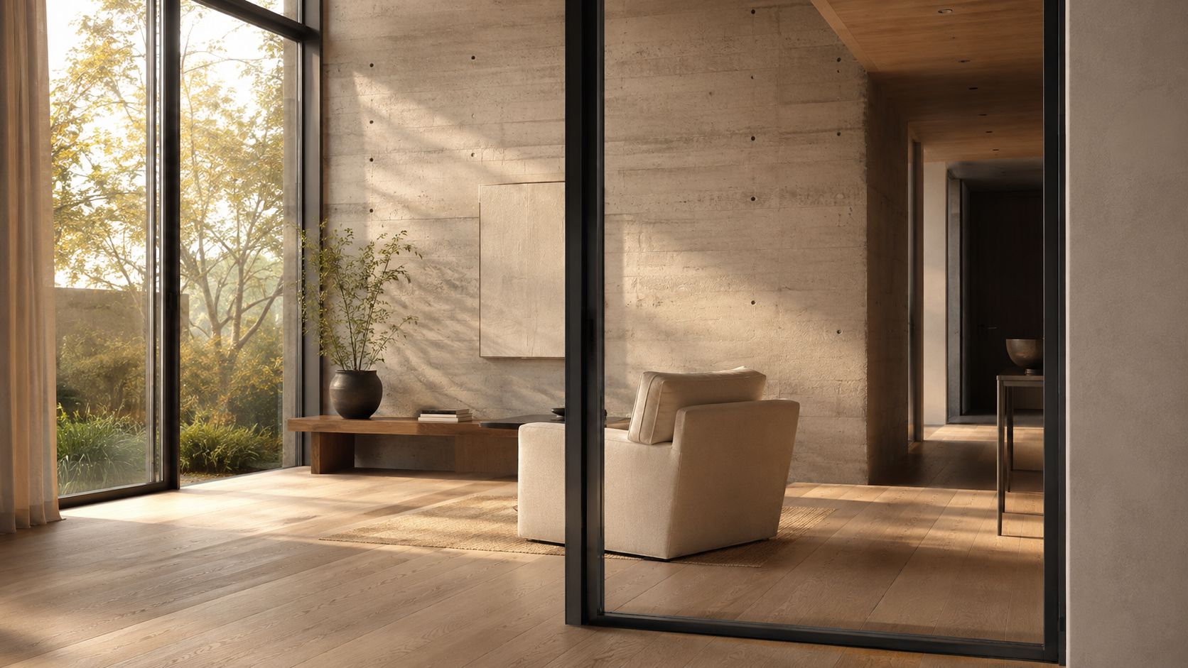 A modern living space featuring a comfortable armchair, minimalist concrete walls, and large glass windows overlooking greenery.