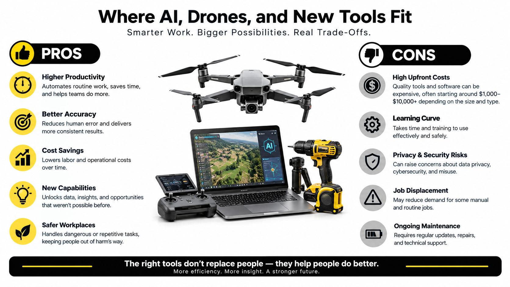 An infographic titled Where AI, Drones, and New Tools Fit, displaying pros and cons of modern technology.