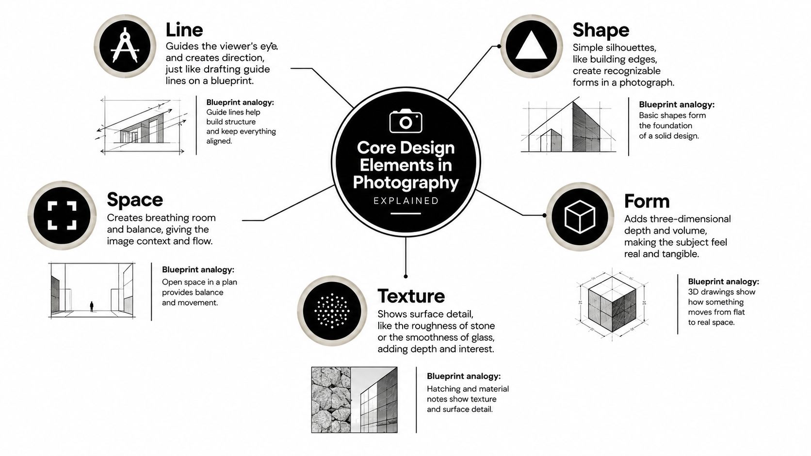 An infographic detailing five core design elements in photography, including line, shape, space, form, and texture.