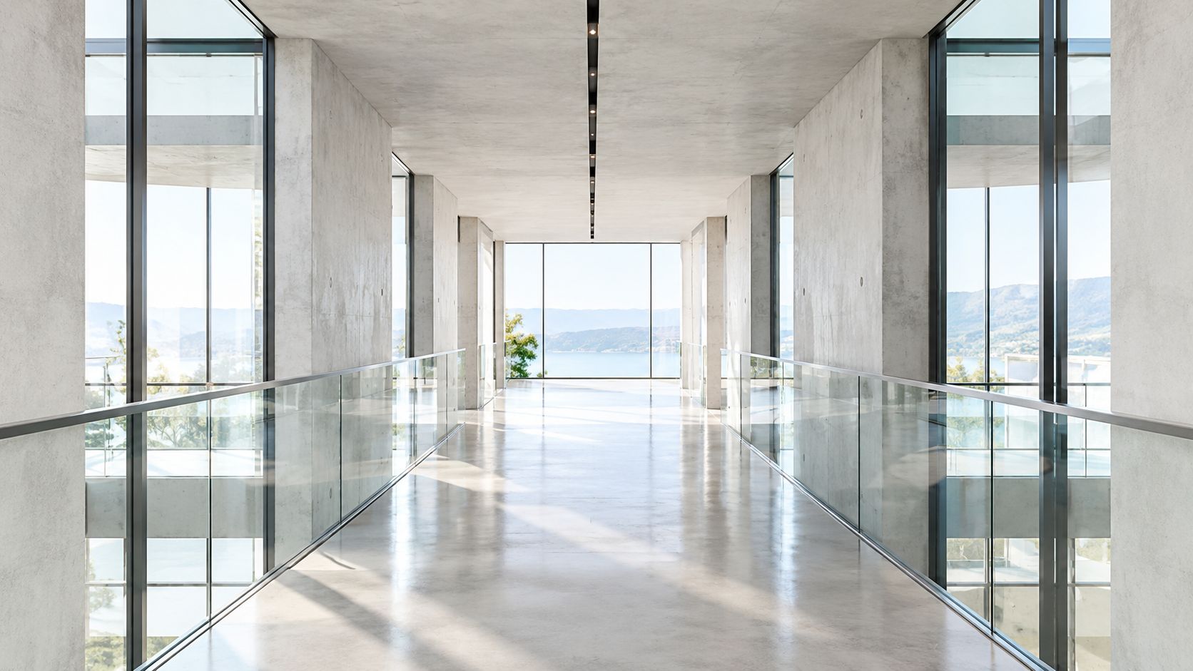 A modern minimalist hallway with polished concrete floors and large glass walls overlooking a scenic lake landscape.