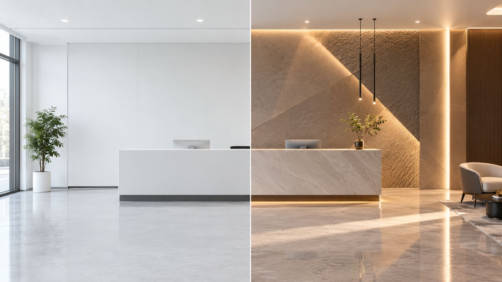 A split image comparison showing minimalist white office lobby design versus a warm, luxurious modern reception area.