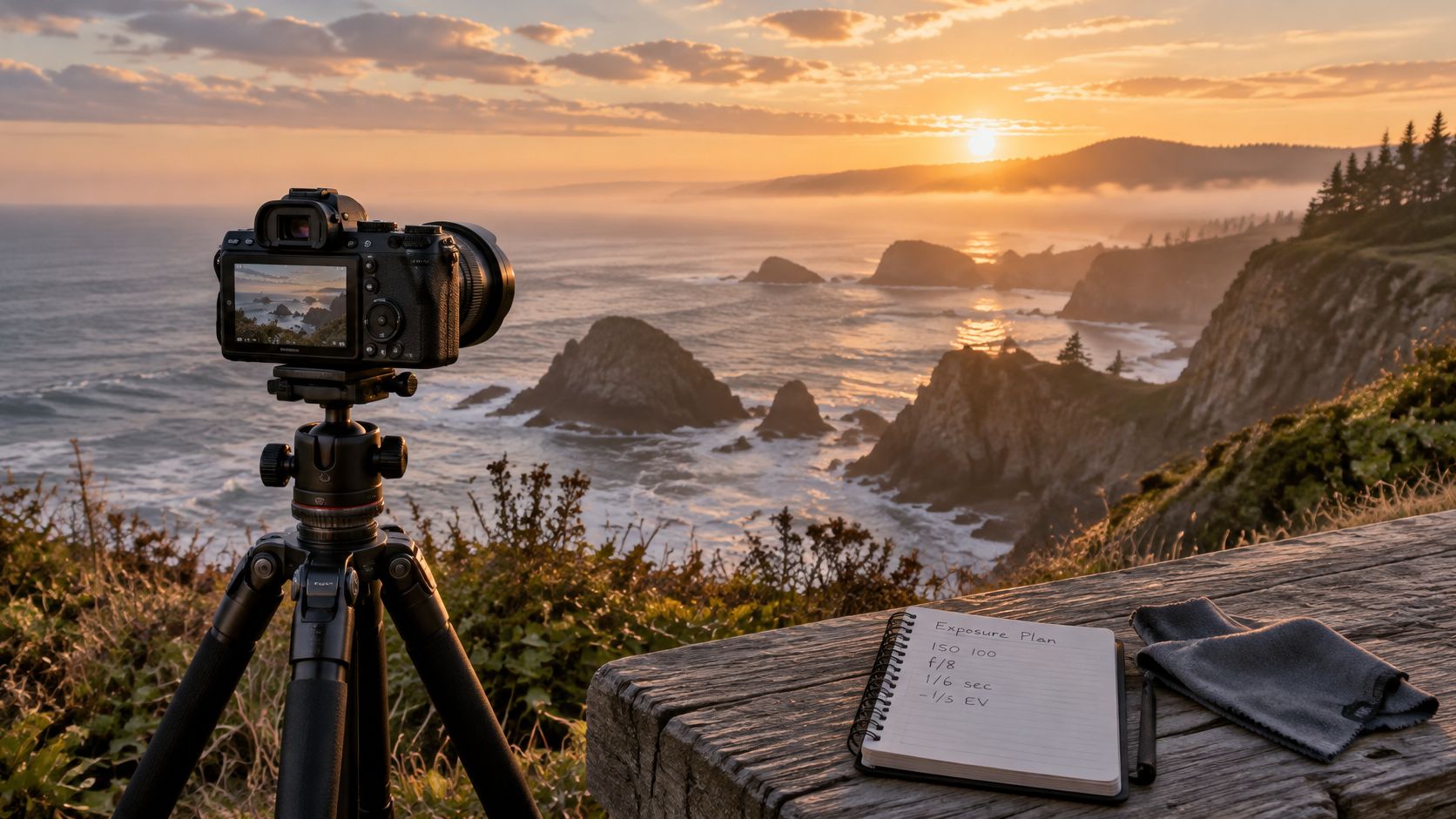 A professional camera on a tripod overlooking a coastal sunset with a notebook containing exposure settings.