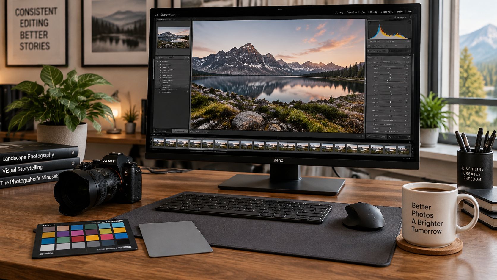 A professional photography workspace featuring a monitor editing mountain landscapes, a camera, and photo editing tools.