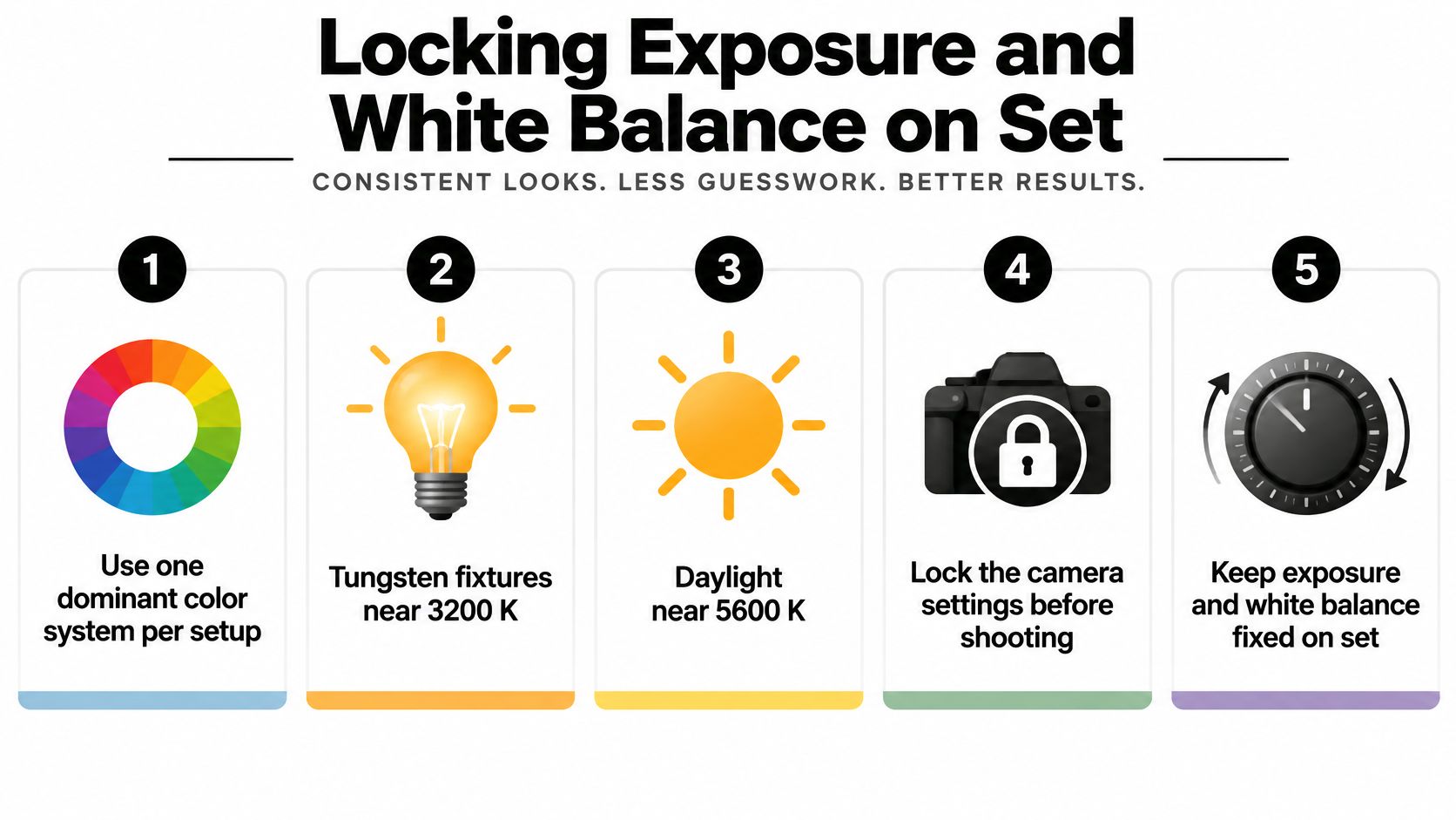A five-step guide on how to lock exposure and white balance for consistent film set lighting.