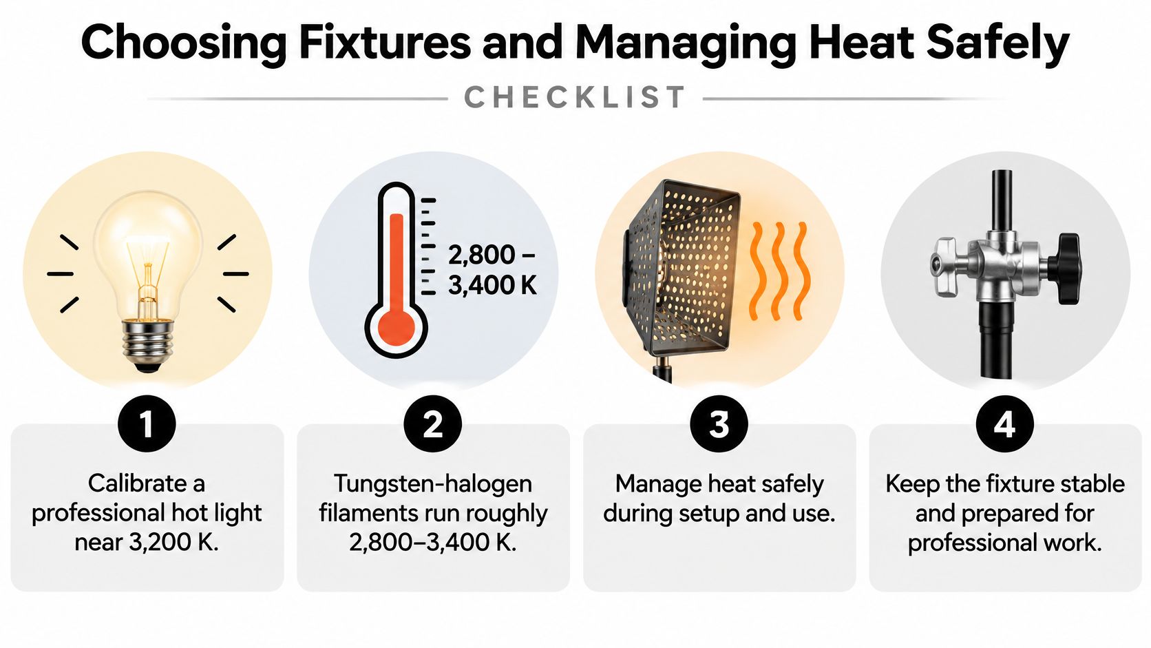 A checklist infographic illustrating four essential steps for setting up and managing professional studio hot lights safely.