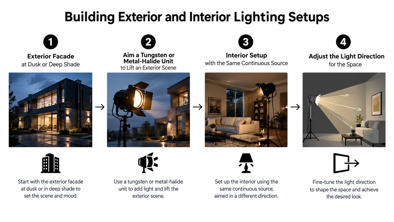 A four-step infographic illustrating techniques for lighting architectural building exteriors and interiors using continuous light sources.
