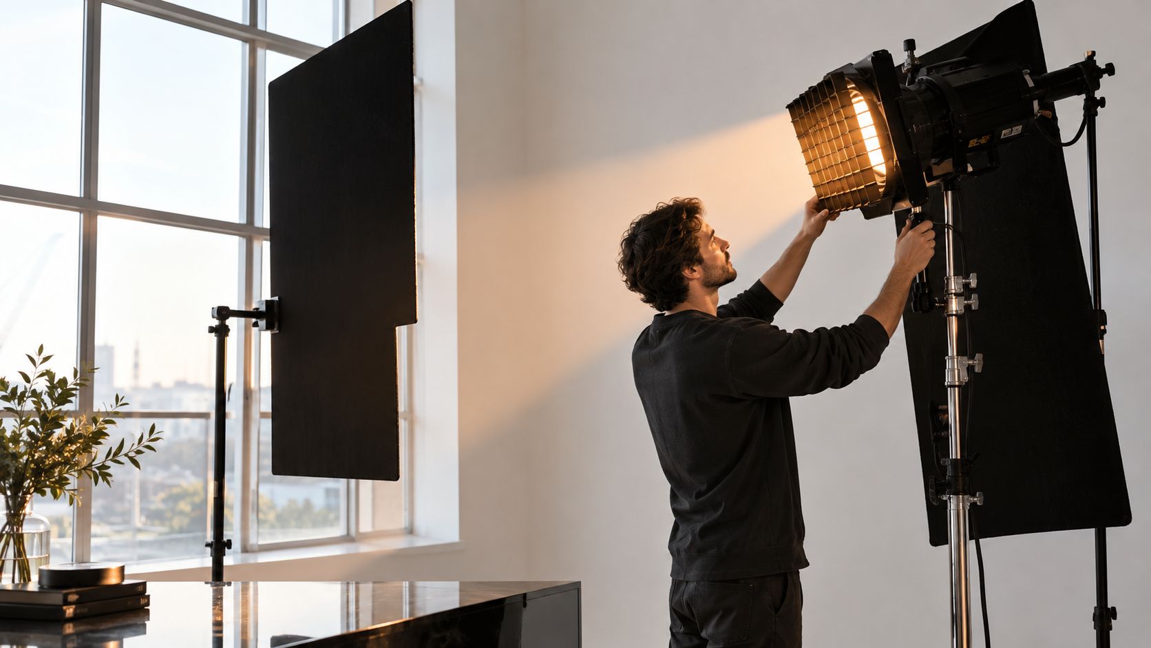 A professional photographer adjusts a cinematic hot light with a grid modifier in a bright studio space.