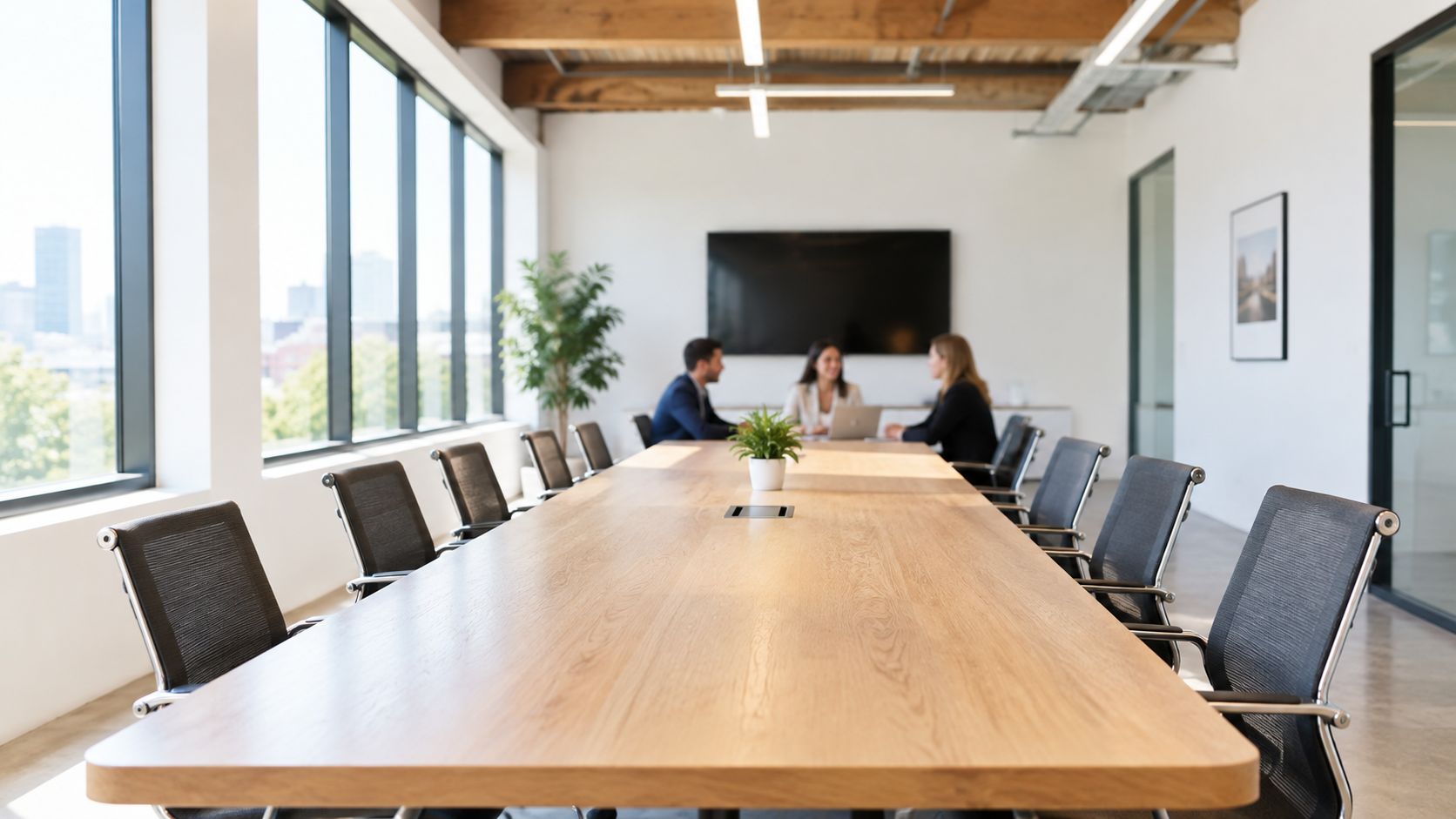 A long wooden conference table with black chairs in a modern office, showing colleagues working in background.