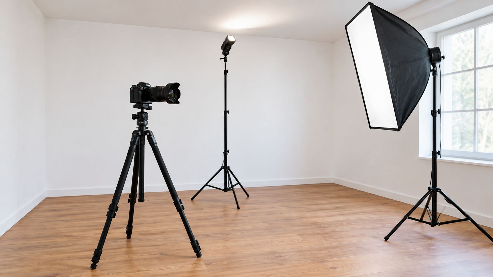 A professional camera on a tripod set up in a bright, empty room for indoor photography.