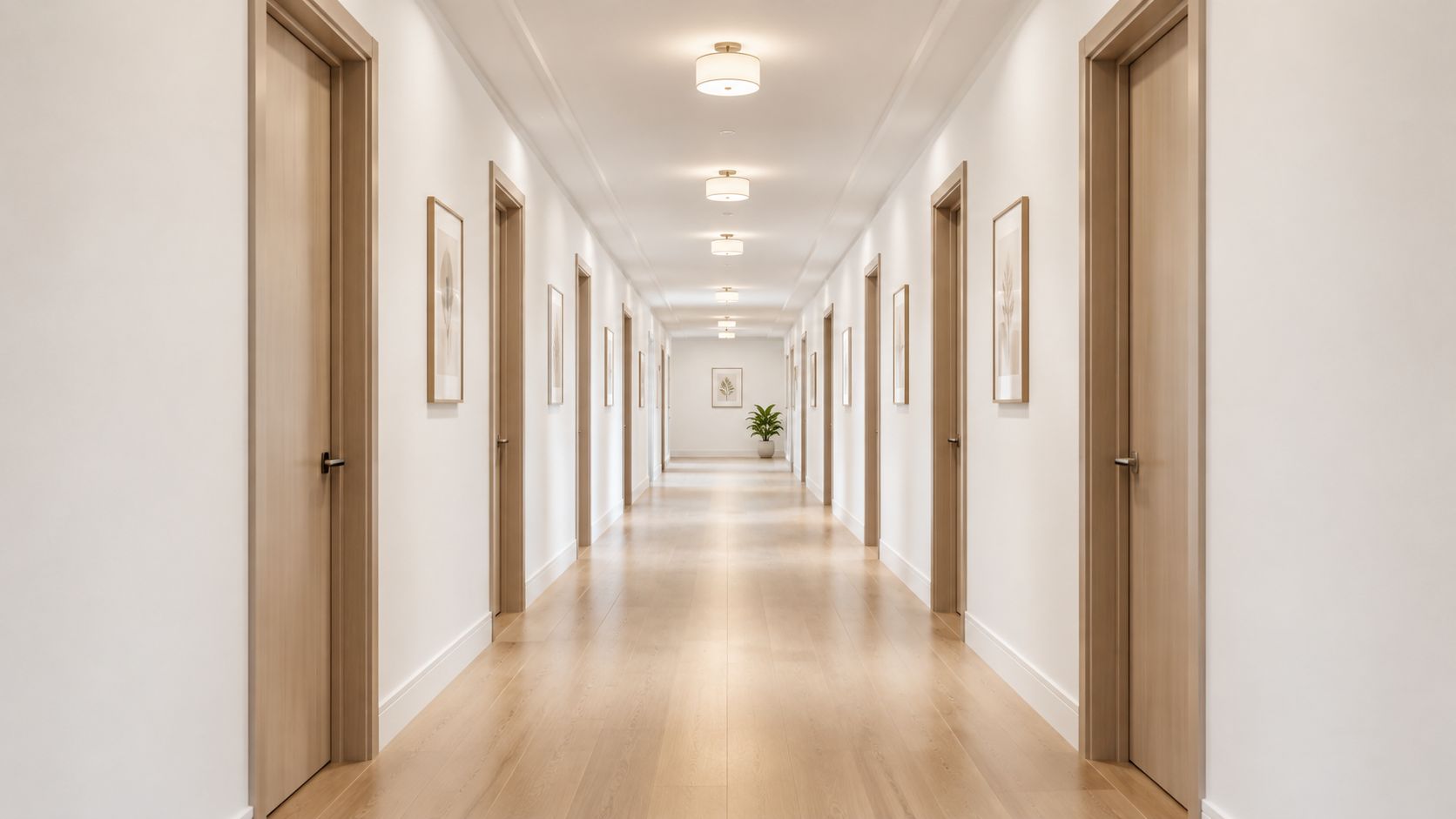 A long, bright hallway in a modern home with wooden flooring, multiple closed doors, and ceiling lights.