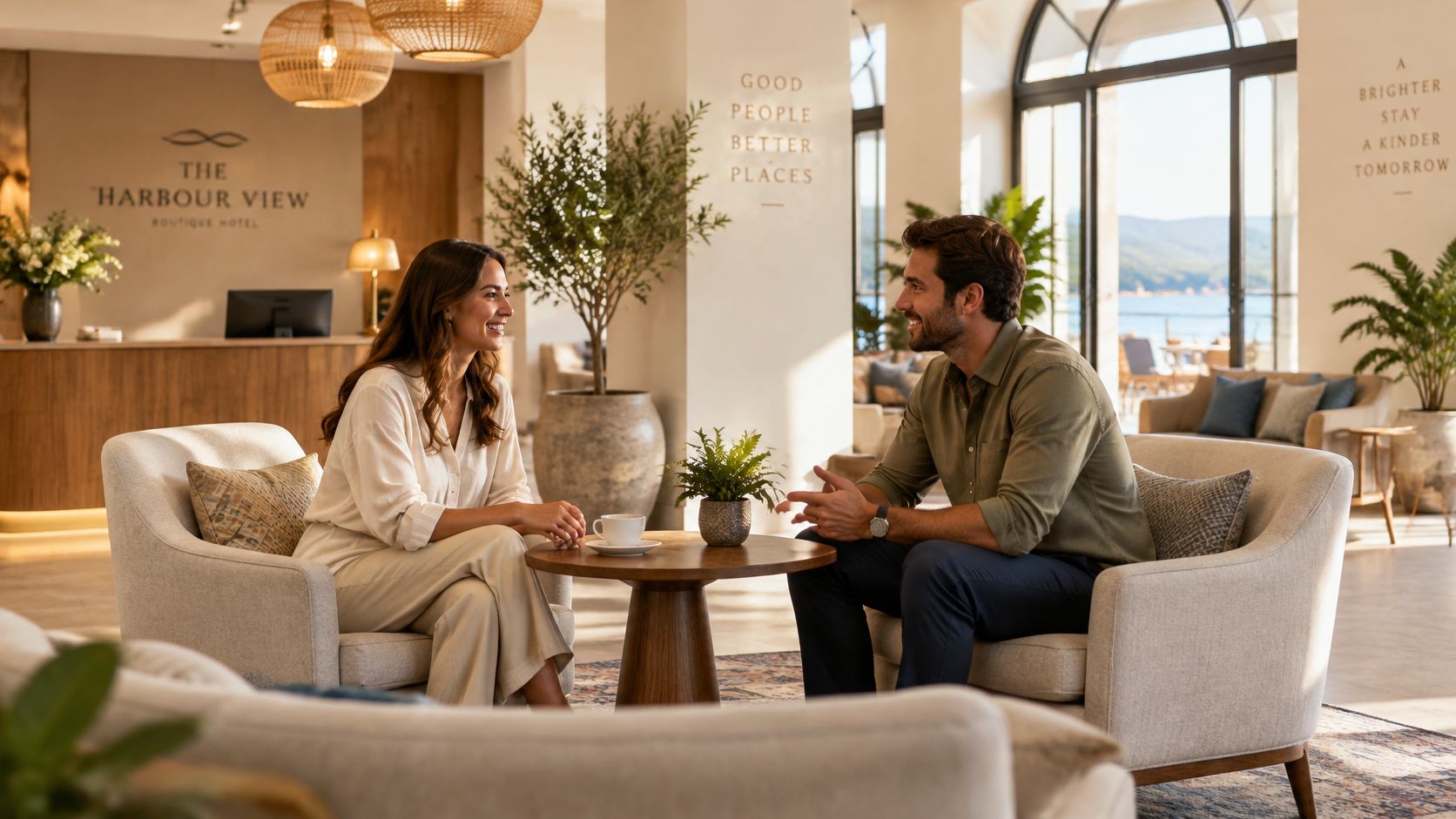 A smiling man and woman conversing in a bright, modern hotel lobby with lounge chairs and greenery.
