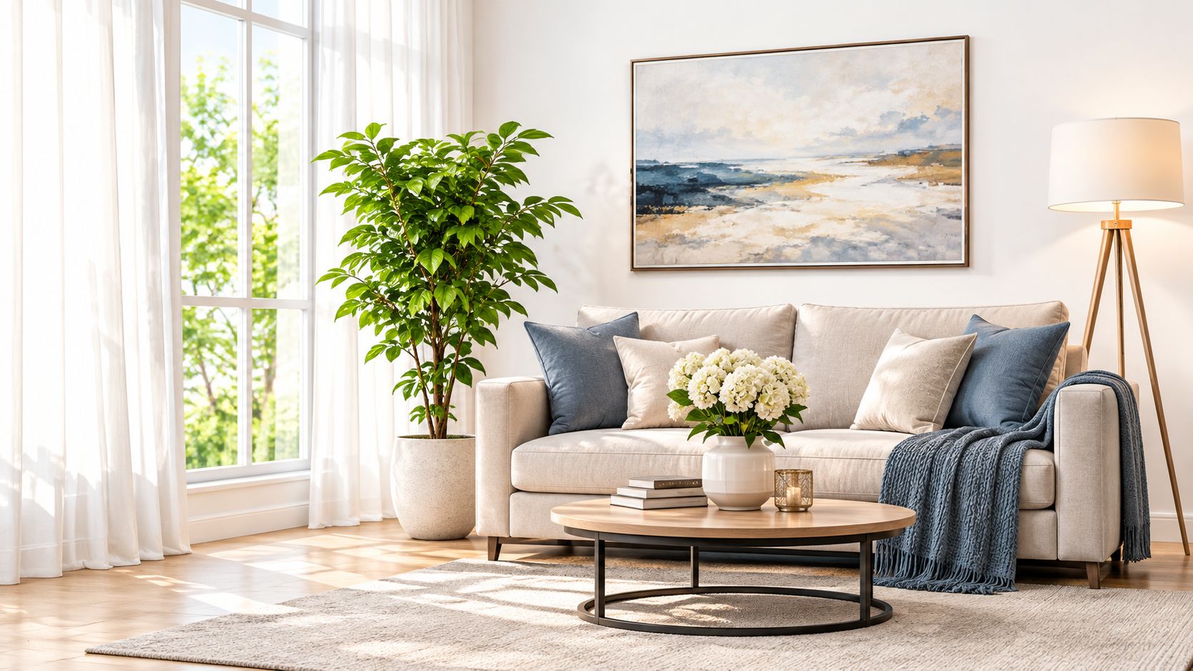 A modern living room with a beige sofa, blue pillows, a round wooden coffee table, and a plant.