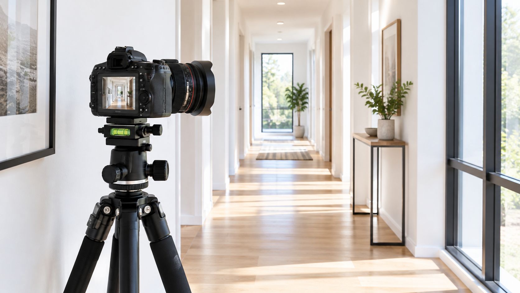 A professional camera on a tripod is positioned in a hallway to capture interior design photographs.
