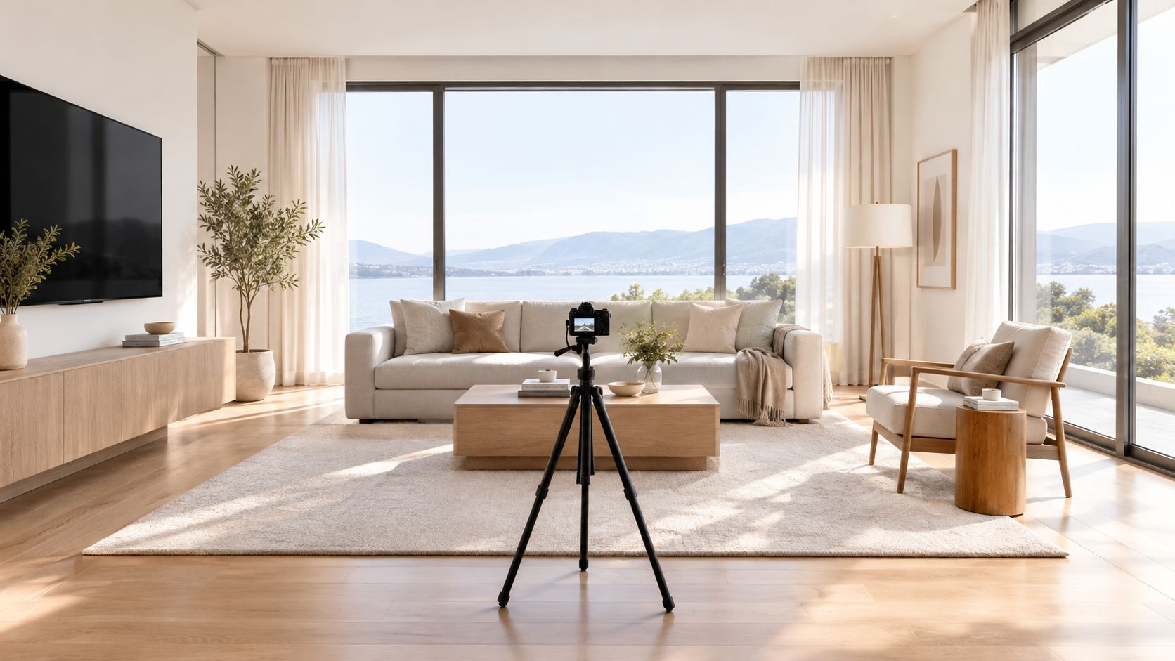A professional camera on a tripod set up in a bright, modern living room overlooking a lake.