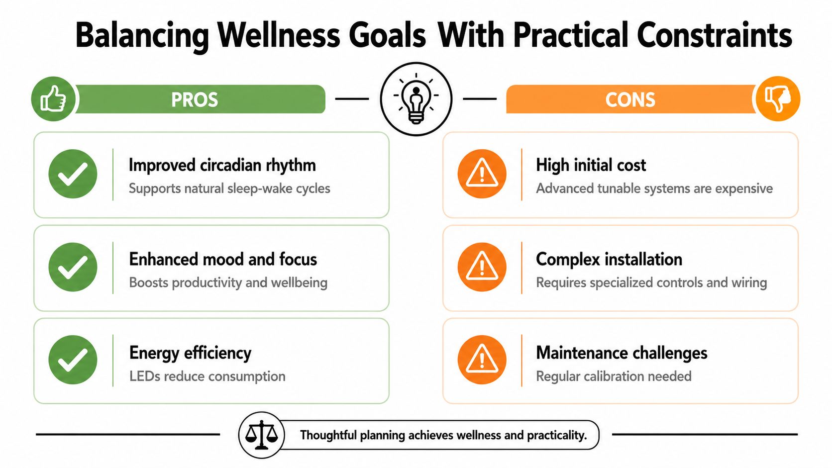 A comparison chart outlining the pros and cons of balancing wellness goals with practical lighting design constraints.