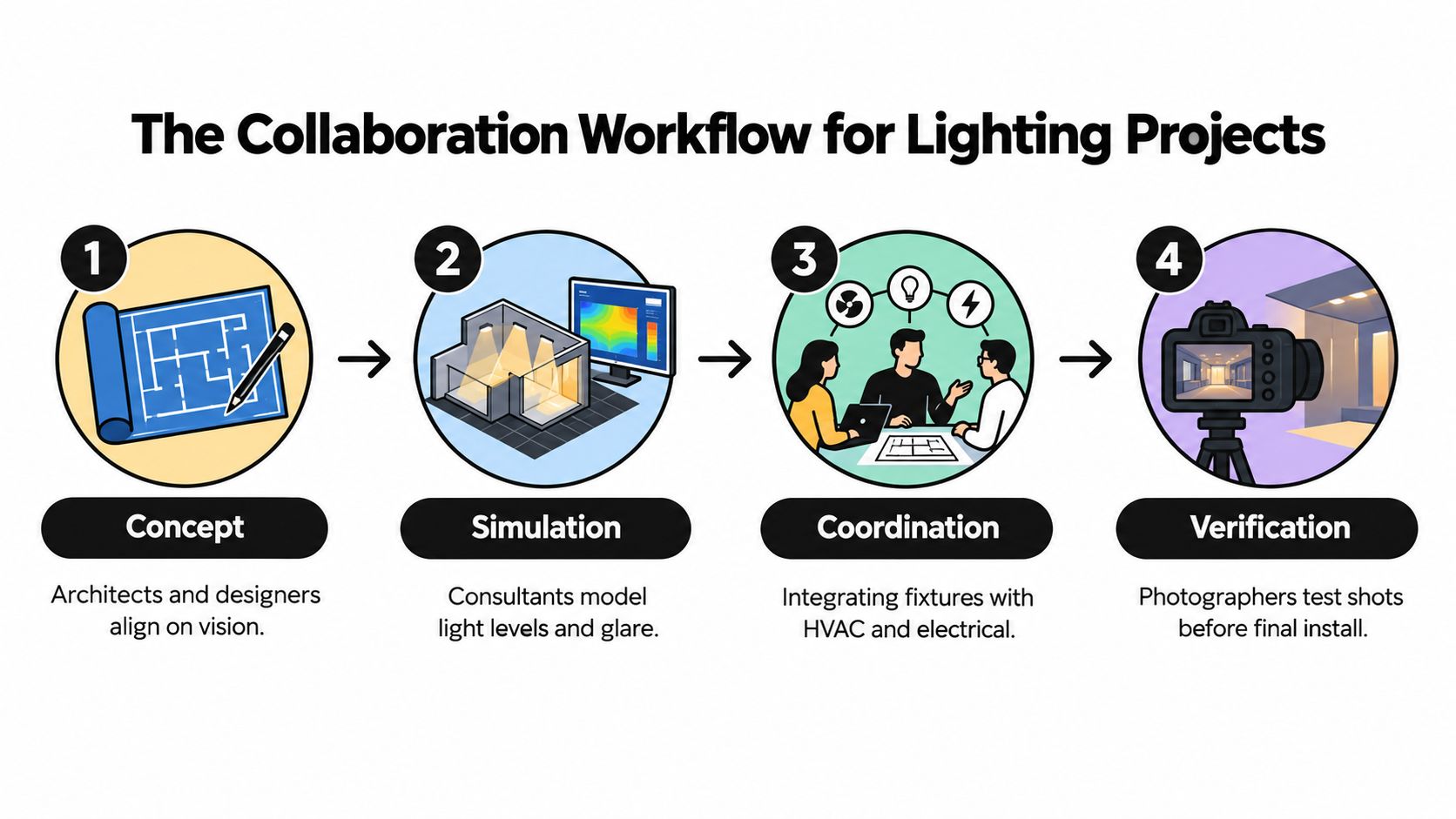 A four-step infographic illustrating the professional collaboration workflow for lighting design and architectural projects.