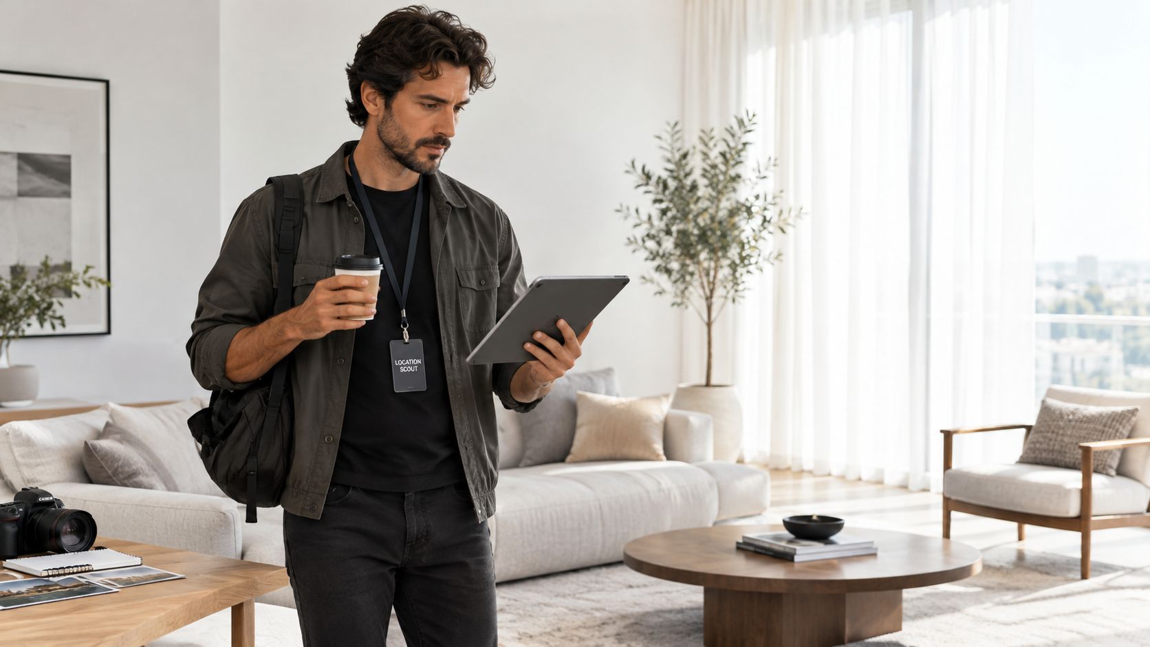 A professional location scout stands in a modern living room reviewing property photos on a tablet.