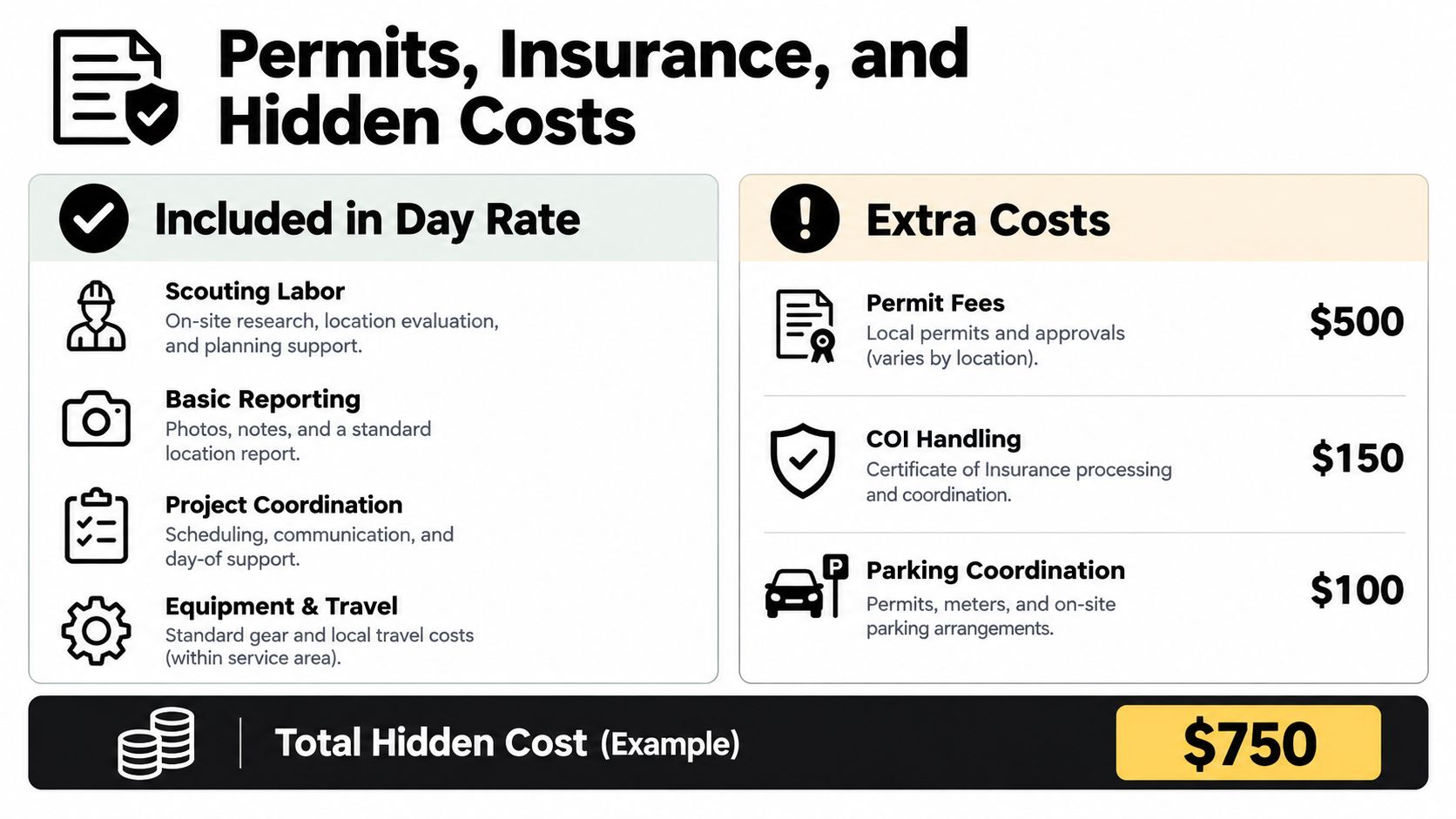 A table outlining inclusions in a location scout day rate versus additional hidden costs for film production.