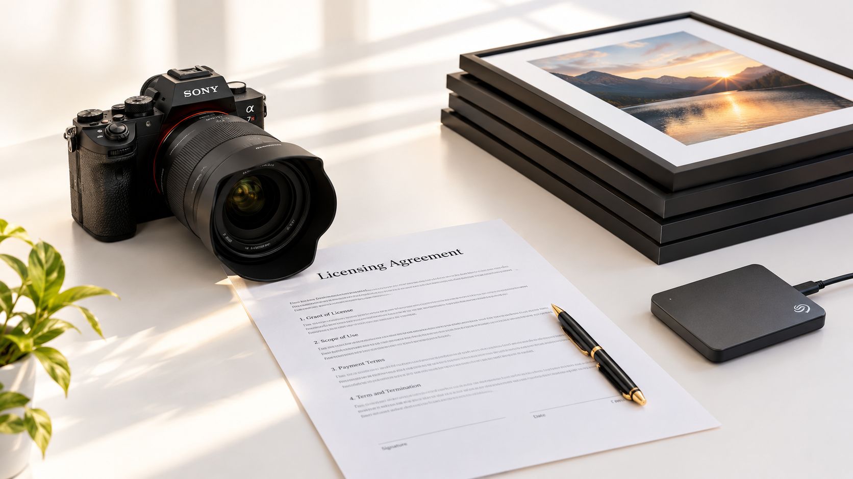 A professional camera, a stack of framed nature prints, and a photography licensing agreement on a desk.
