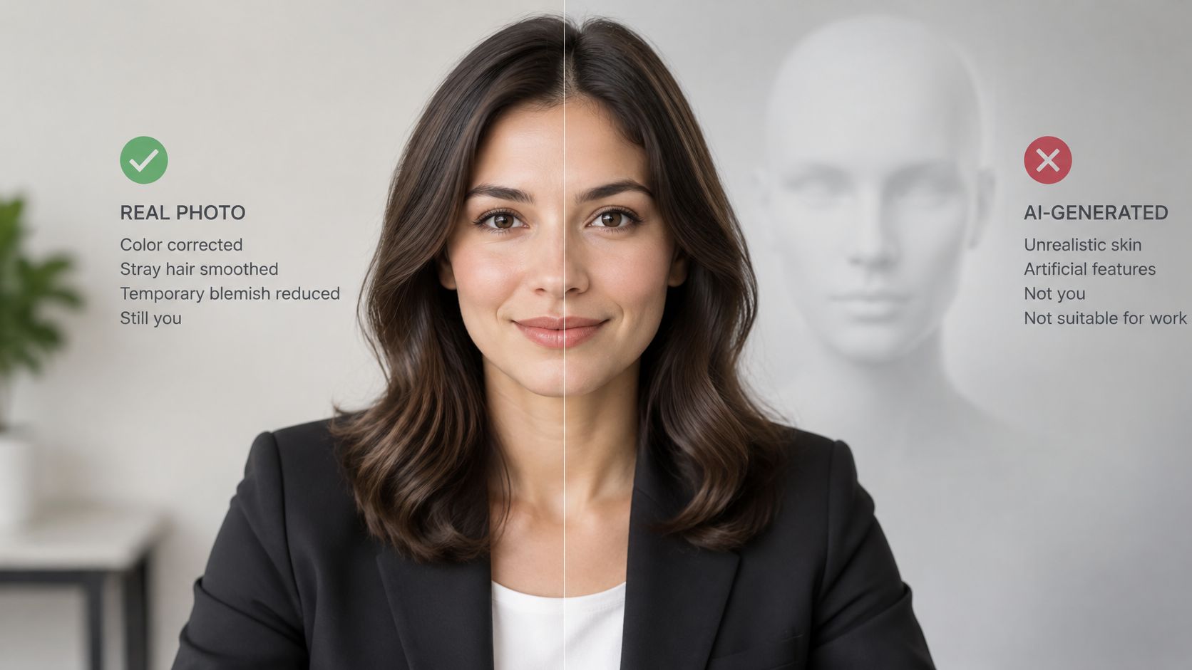 A comparison showing a natural professional headshot versus a generic AI-generated human face illustration.