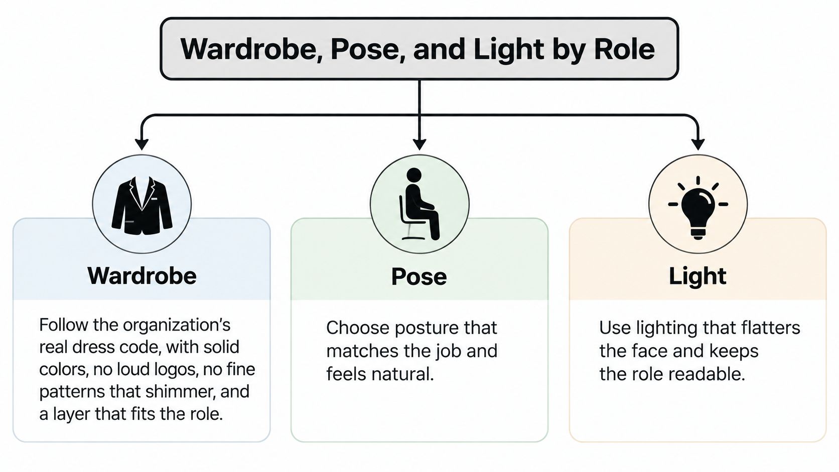 A diagram illustrating how wardrobe, pose, and lighting contribute to creating effective professional work headshots.