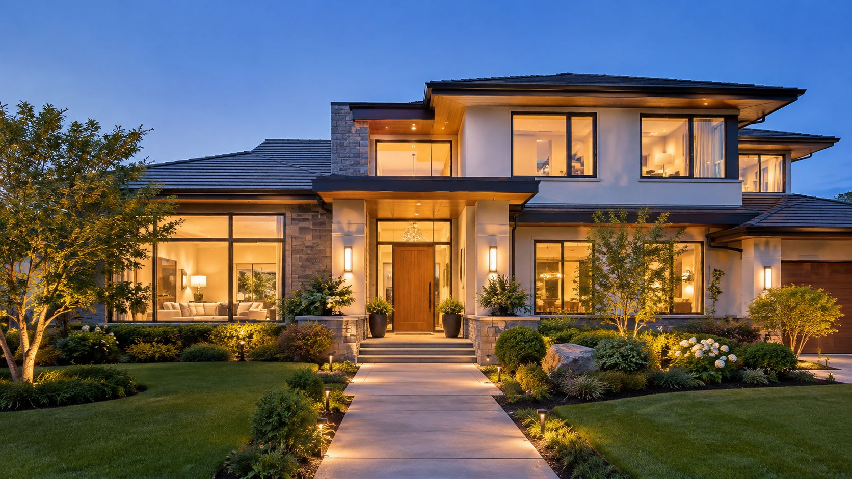 A stunning modern luxury home at dusk with warm exterior lighting and a landscaped front garden.