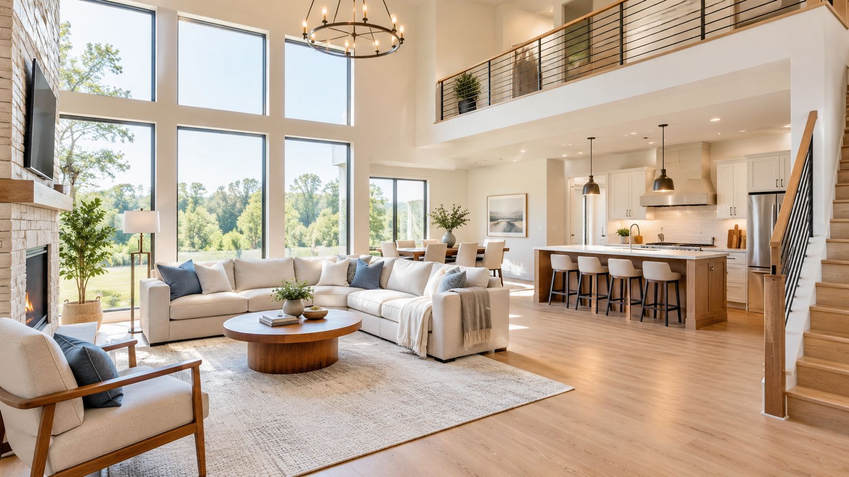 A bright open-concept modern living room and kitchen featuring high ceilings, large windows, and neutral furniture.