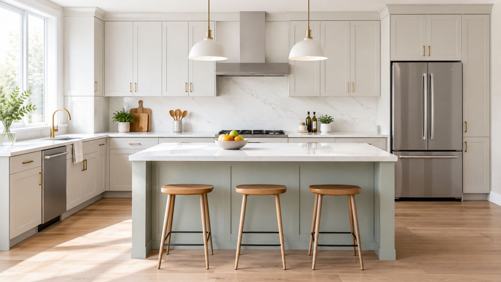 A modern kitchen interior featuring light cabinetry, a central island with wooden stools, and stainless steel appliances.