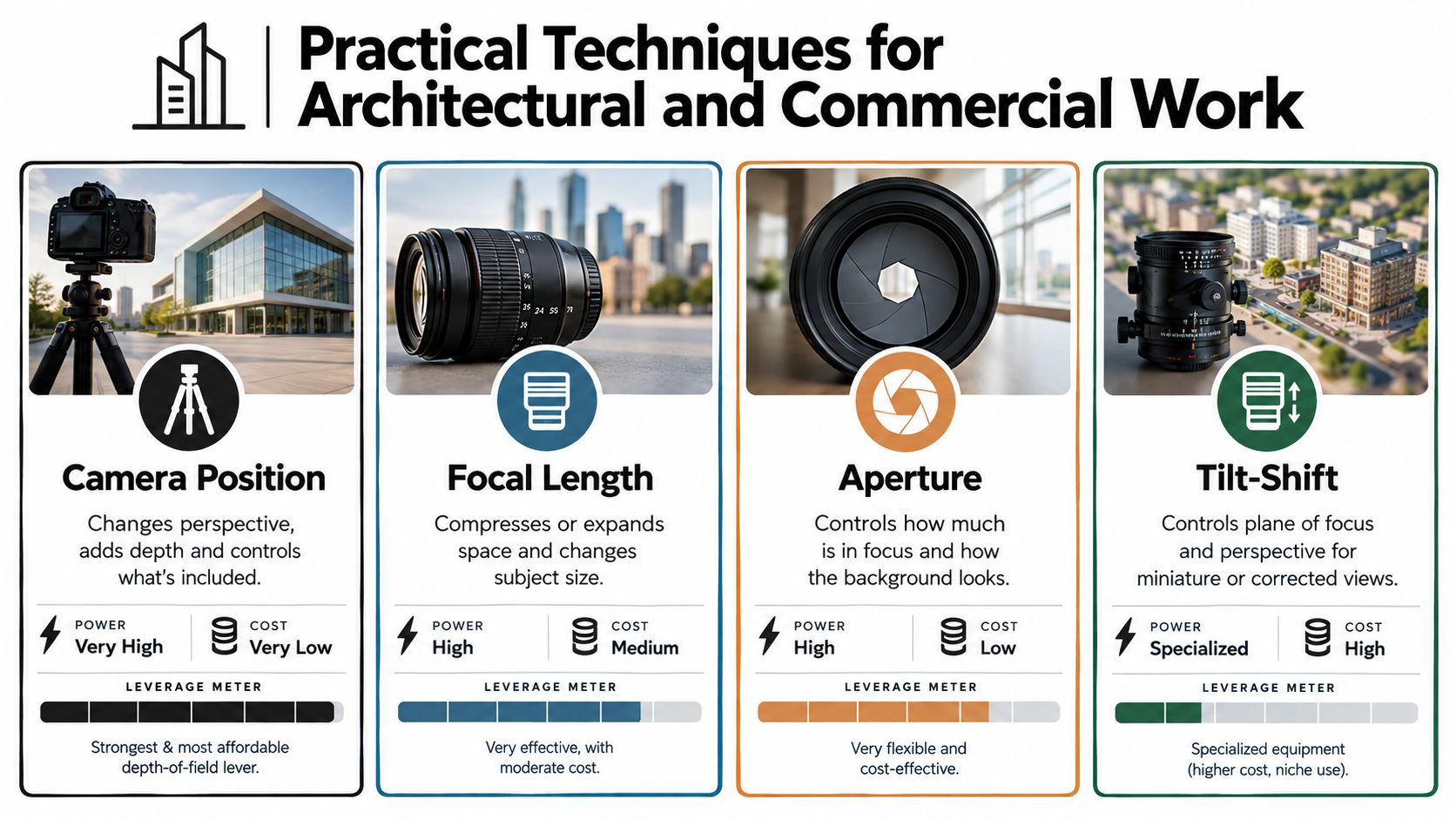 A visual guide explaining practical photography techniques for architectural and commercial work, including camera position, focal length, aperture, and tilt-shift.